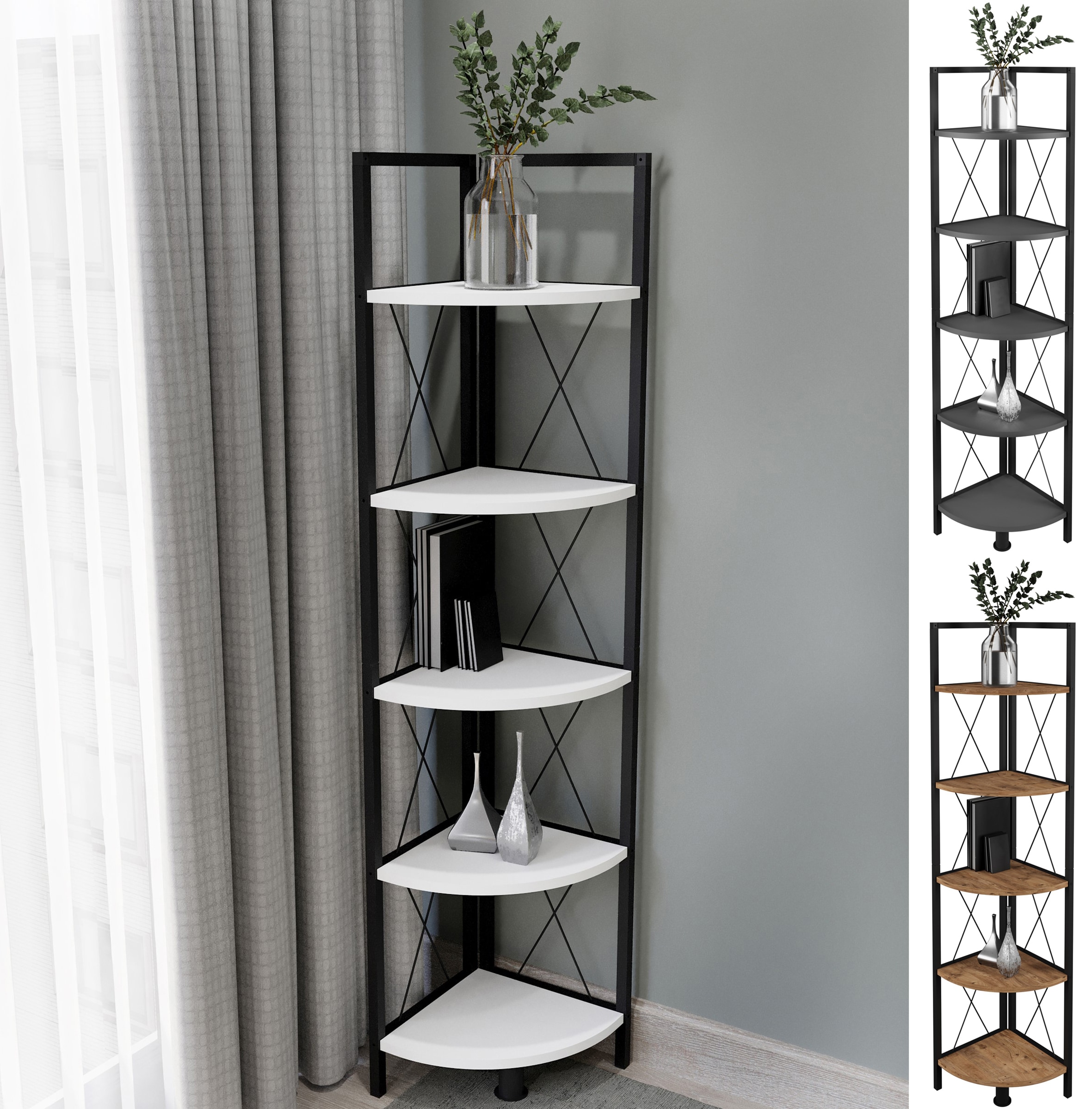 VCM Holz Metall Eckregal Aufbewahrung Stand Regal B&uuml;cherregal Deko B&uuml;cher Standregal Insasi 5 