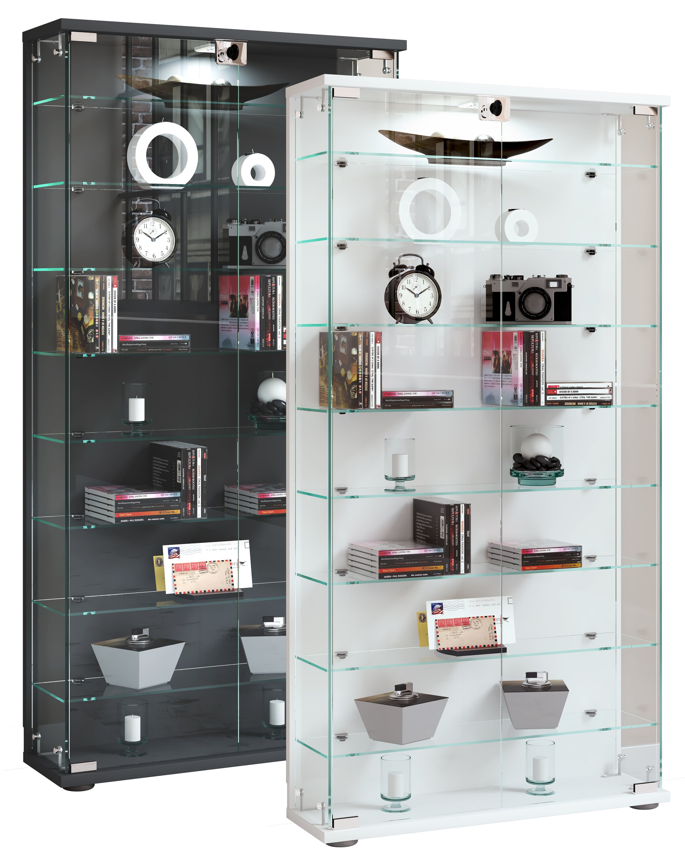 VCM Glasvitrine stehend | Vitrine Glas mit ESG-Sicherheitsglas | Ma&szlig;e ca. H. 114 x B. 59 x T. 17 cm | Standvitrine Glas | Modern und platzsparend | Glas Vitrinenschrank &ndash; Stelas L 