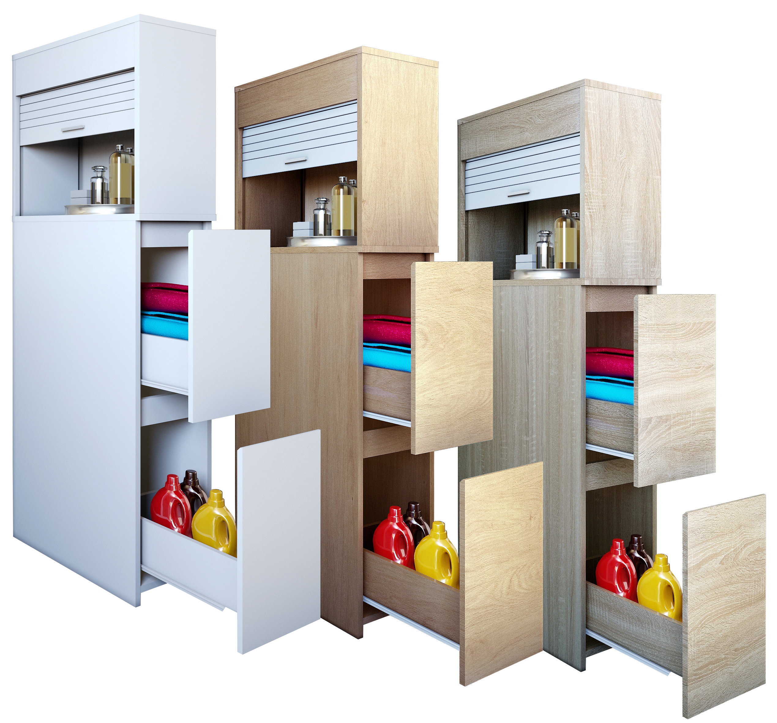 VCM Badm&ouml;bel Nischenschrank | Ma&szlig;e: H. 131 x B. 25 x T. 48 cm | Raumteiler | 2 Schubladen | 1 gro&szlig;es offenes Fach mit Rolladen - Tasalo 