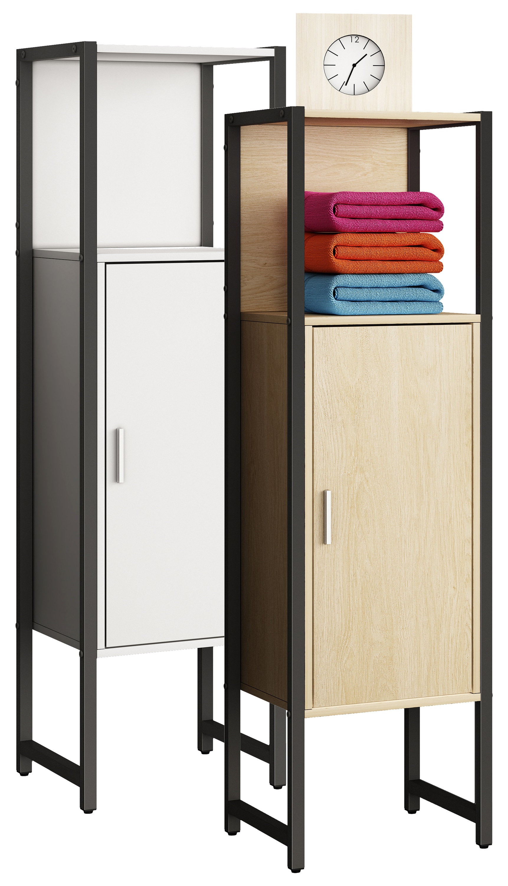 VCM Holz/Metall Badm&ouml;bel | Midischrank | Ma&szlig;e: H. 114 x B. 33 x T. 30 cm | Badregal | 1 Dreht&uuml;r | 1 offenes Fach - Edino 