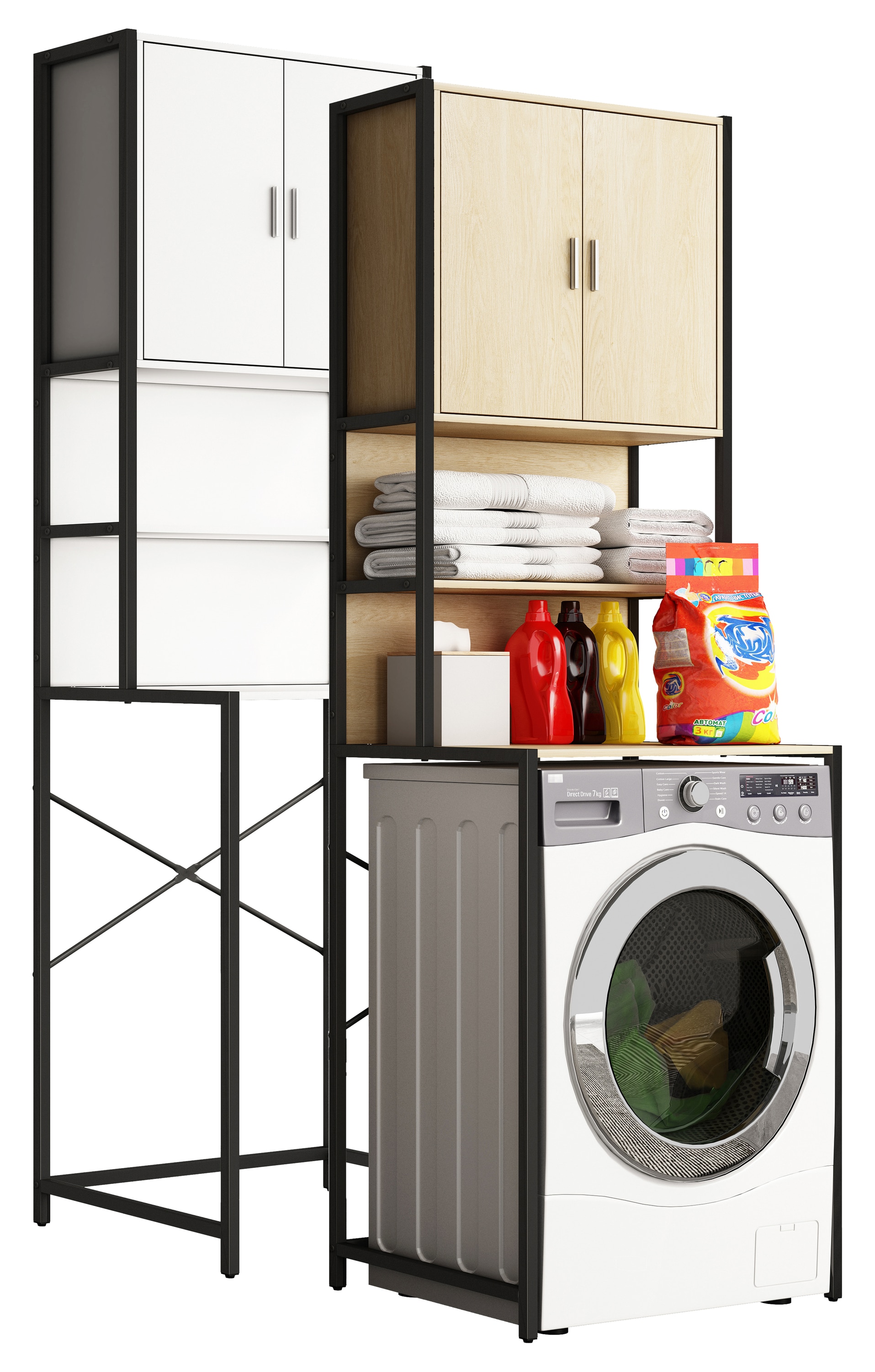 VCM Metall &Uuml;berbauschrank | Waschmaschine | Ma&szlig;e: . 189 x B. 64 x T. 48 cm | Seitenteile aus Metall |  Korpus und R&uuml;ckwand aus Holz | 1 gro&szlig;e und 2 kleine Ablagen | 2 Dreht&uuml;ren - Edino 