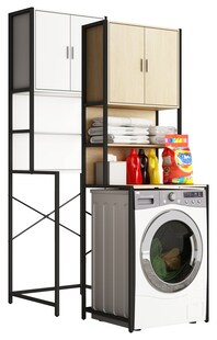 VCM Metall Überbauschrank | Waschmaschine | Maße: . 189 x B. 64 x T. 48 cm | Seitenteile aus Metall |  Korpus und Rückwand aus Holz | 1 große und 2 kleine Ablagen | 2 Drehtüren - Edino 