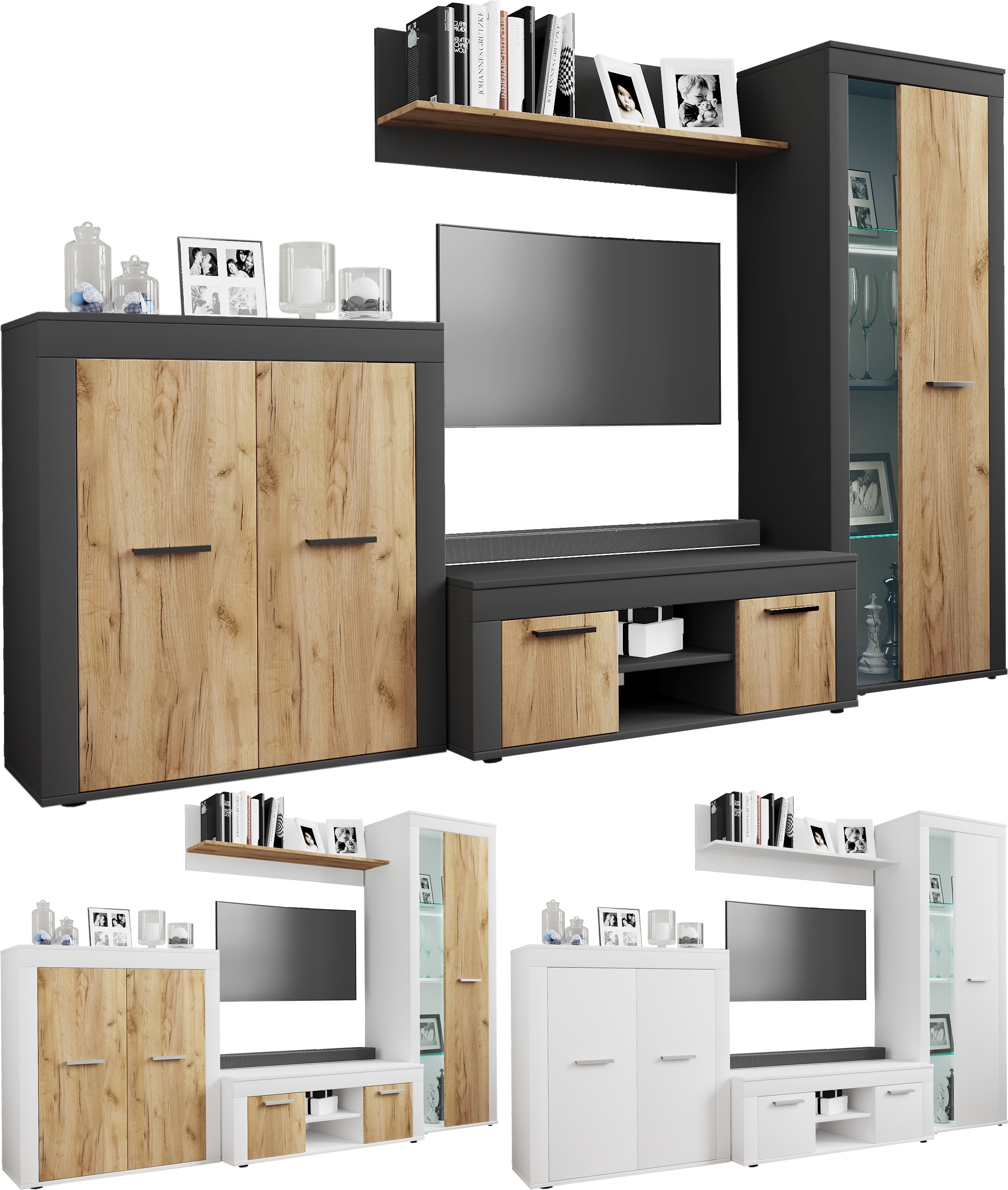 VCM TV M&ouml;bel | 4-tlg. Wohnwand mit ausreichend Stauraum | Fernsehschrank | Anbauwand &ndash; Usilo L 