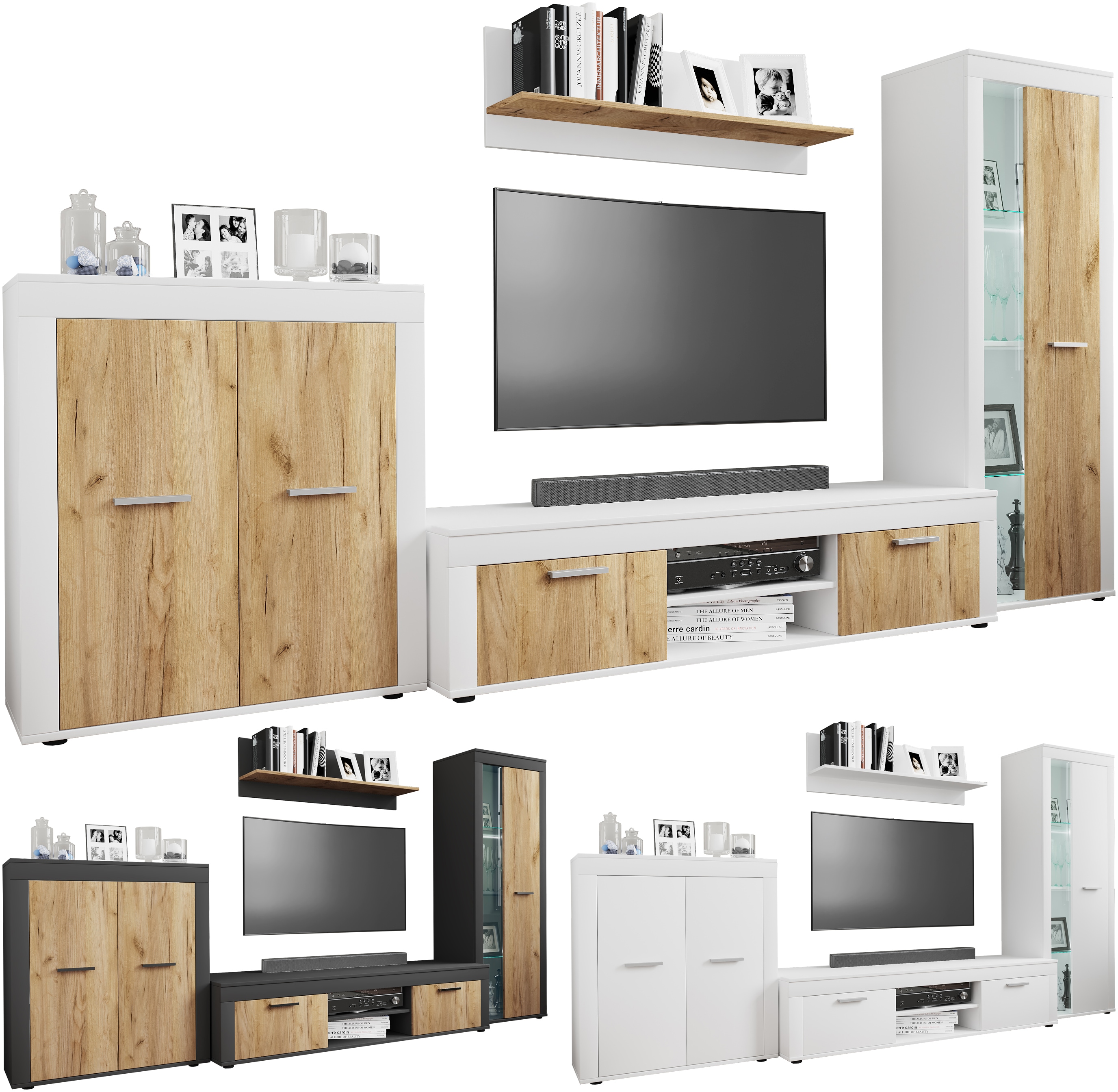 VCM TV M&ouml;bel | 4-tlg. Wohnwand mit ausreichend Stauraum | Fernsehschrank | Anbauwand &ndash; Usilo XL 