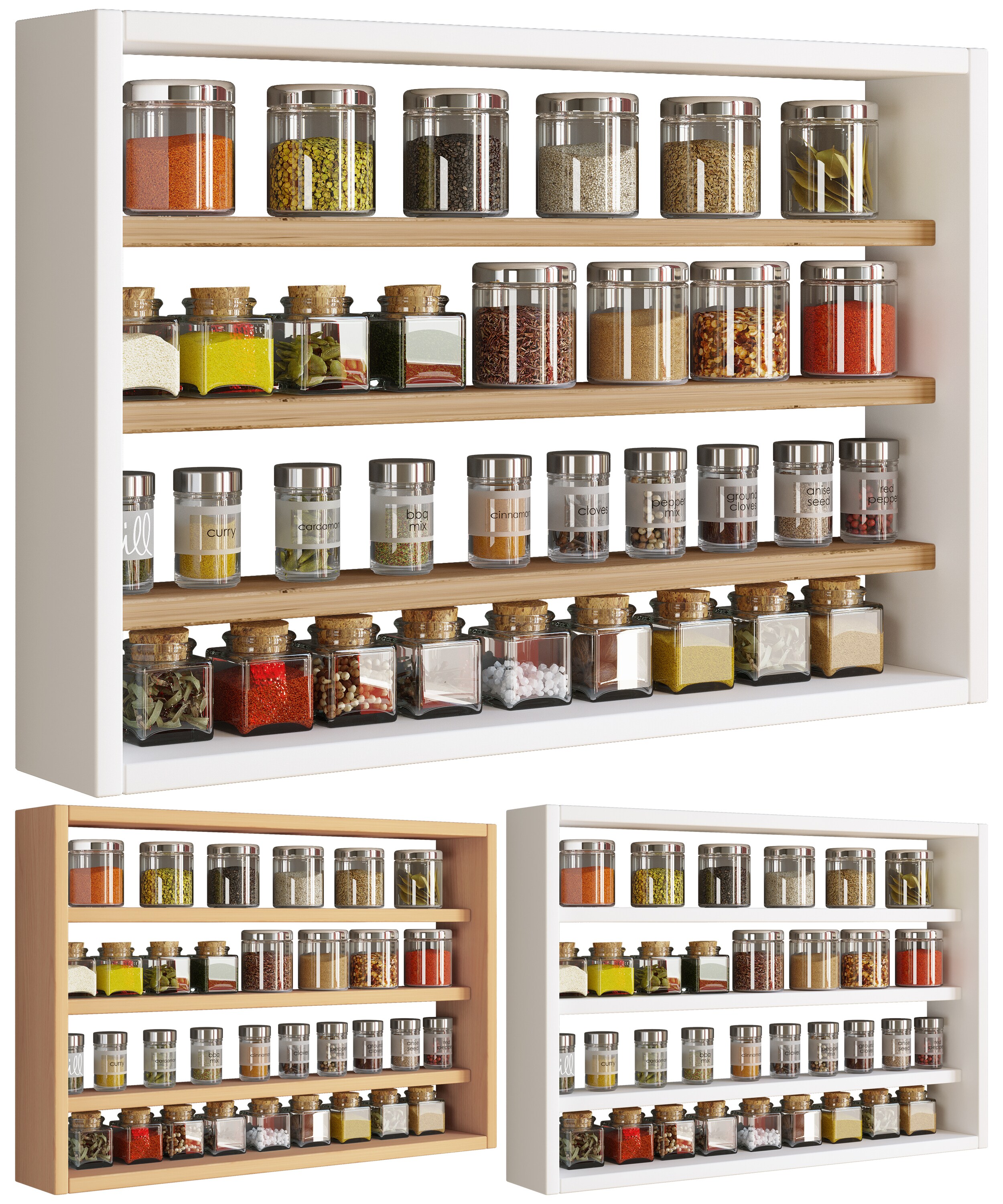 VCM Holz K&uuml;chenregal h&auml;ngend | Ma&szlig;e ca. H. 40 x B. 60 x T. 10 cm | H&auml;ngeregal mit vier F&auml;chern | Wandregal | Gew&uuml;rzregal | K&uuml;chenm&ouml;bel - Esaldi M 