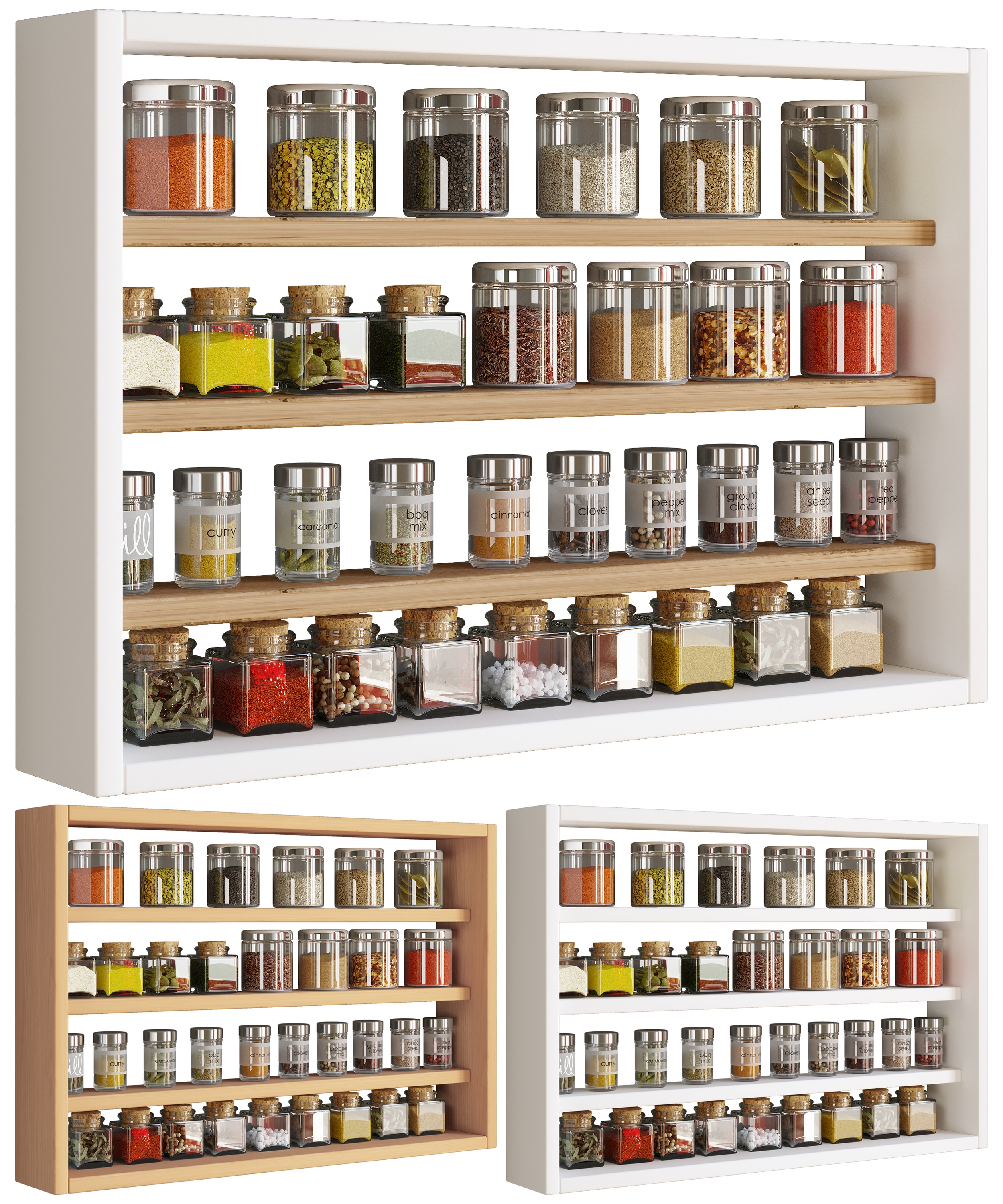 VCM Holz K&uuml;chenregal h&auml;ngend | Ma&szlig;e ca. H. 40 x B. 60 x T. 10 cm | H&auml;ngeregal mit vier F&auml;chern | Wandregal | Gew&uuml;rzregal | K&uuml;chenm&ouml;bel - Esaldi M 