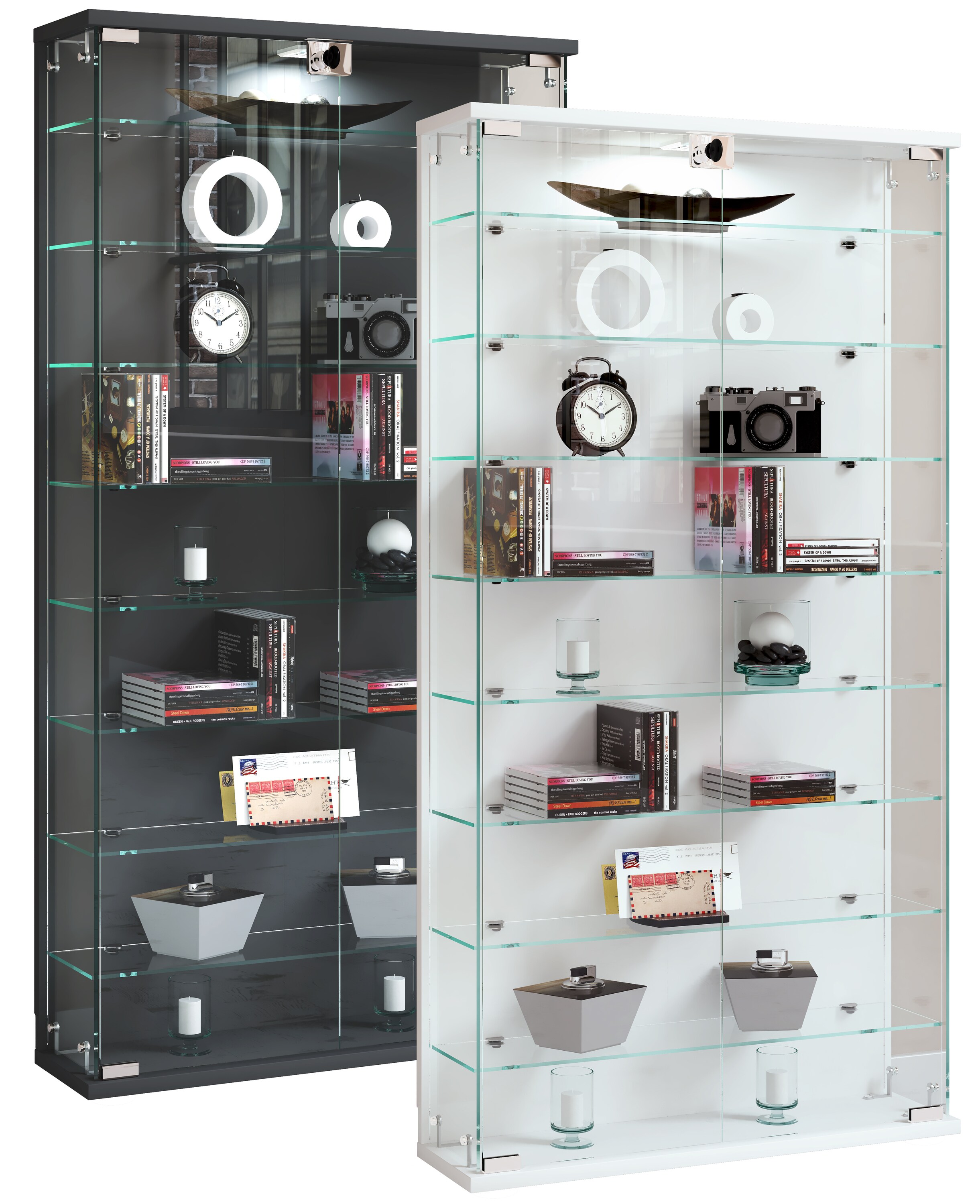 VCM Glasvitrine h&auml;ngend | Vitrine Glas mit ESG-Sicherheitsglas | Ma&szlig;e ca. H. 114 x B. 59 x T. 17 cm | H&auml;ngevitrine Glas | Modern und platzsparend | Glas Vitrinenschrank -  Relas L 