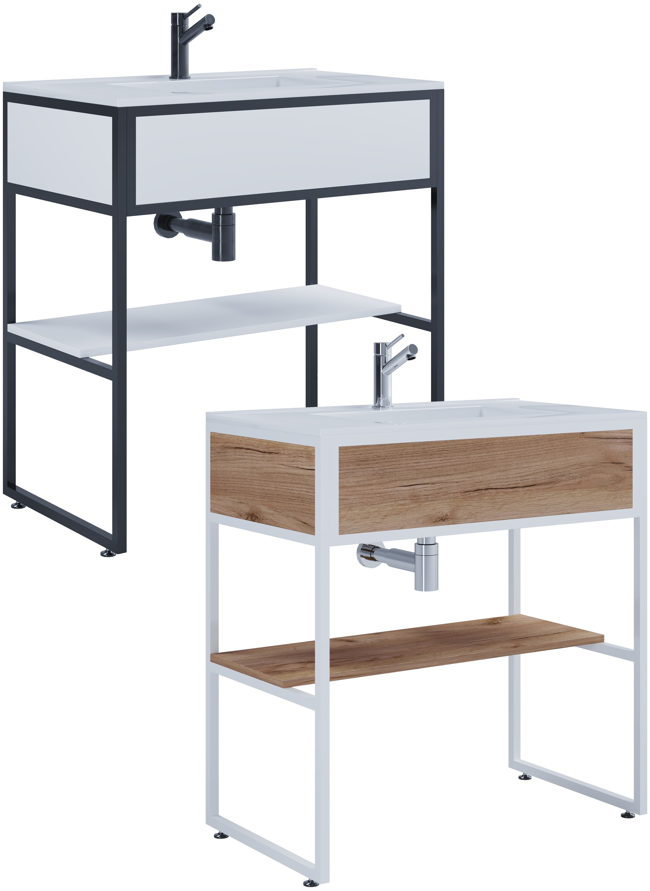 VCM 2-tlg. Waschplatz Waschtisch Badm&ouml;bel Set Waschbecken Holz Metall Industrial Style Bitila 80 