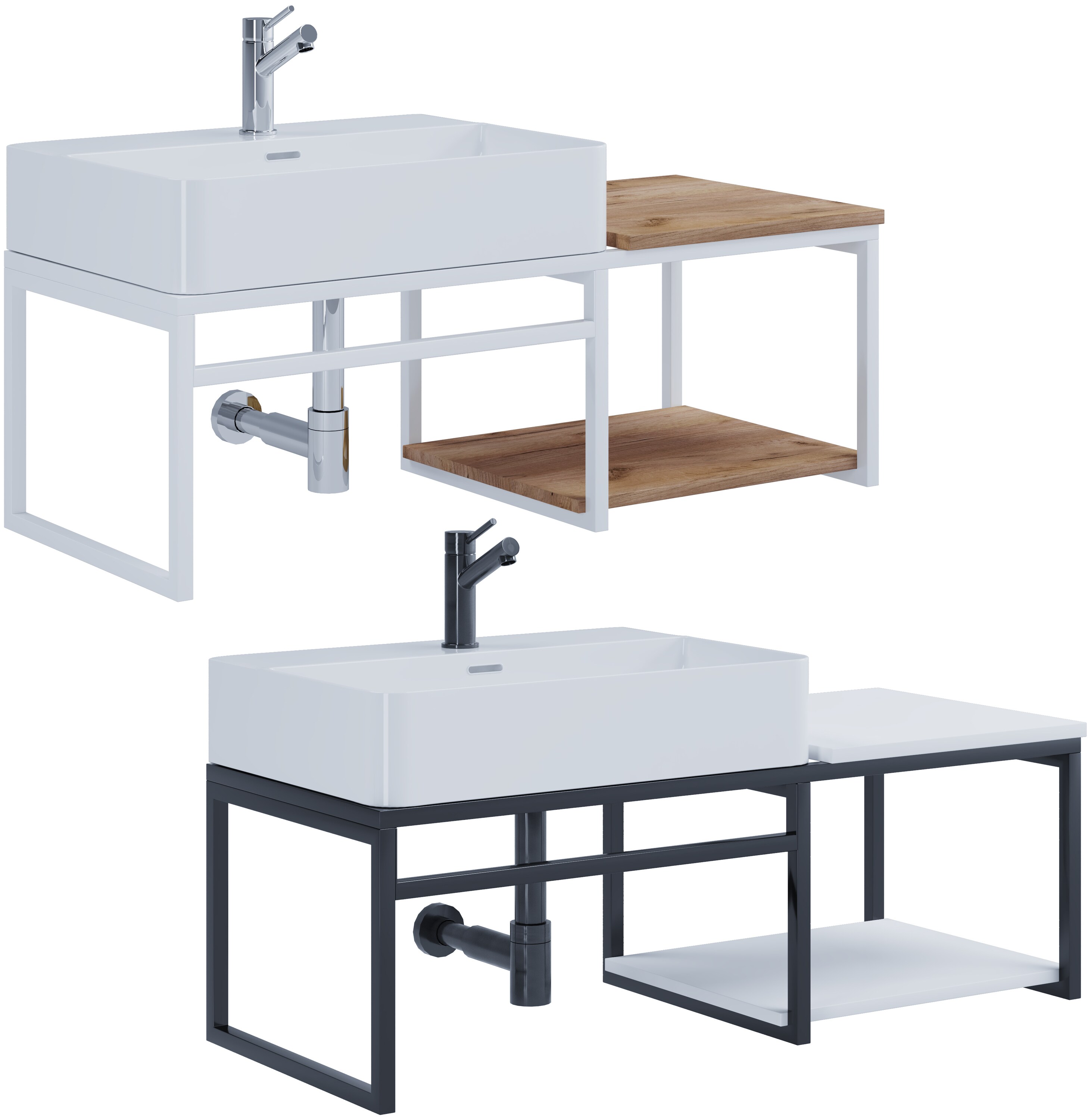 VCM 2-tlg. Waschplatz Waschtisch Badm&ouml;bel Set Waschbecken Holz Metall Industrial Style Bitila 100 