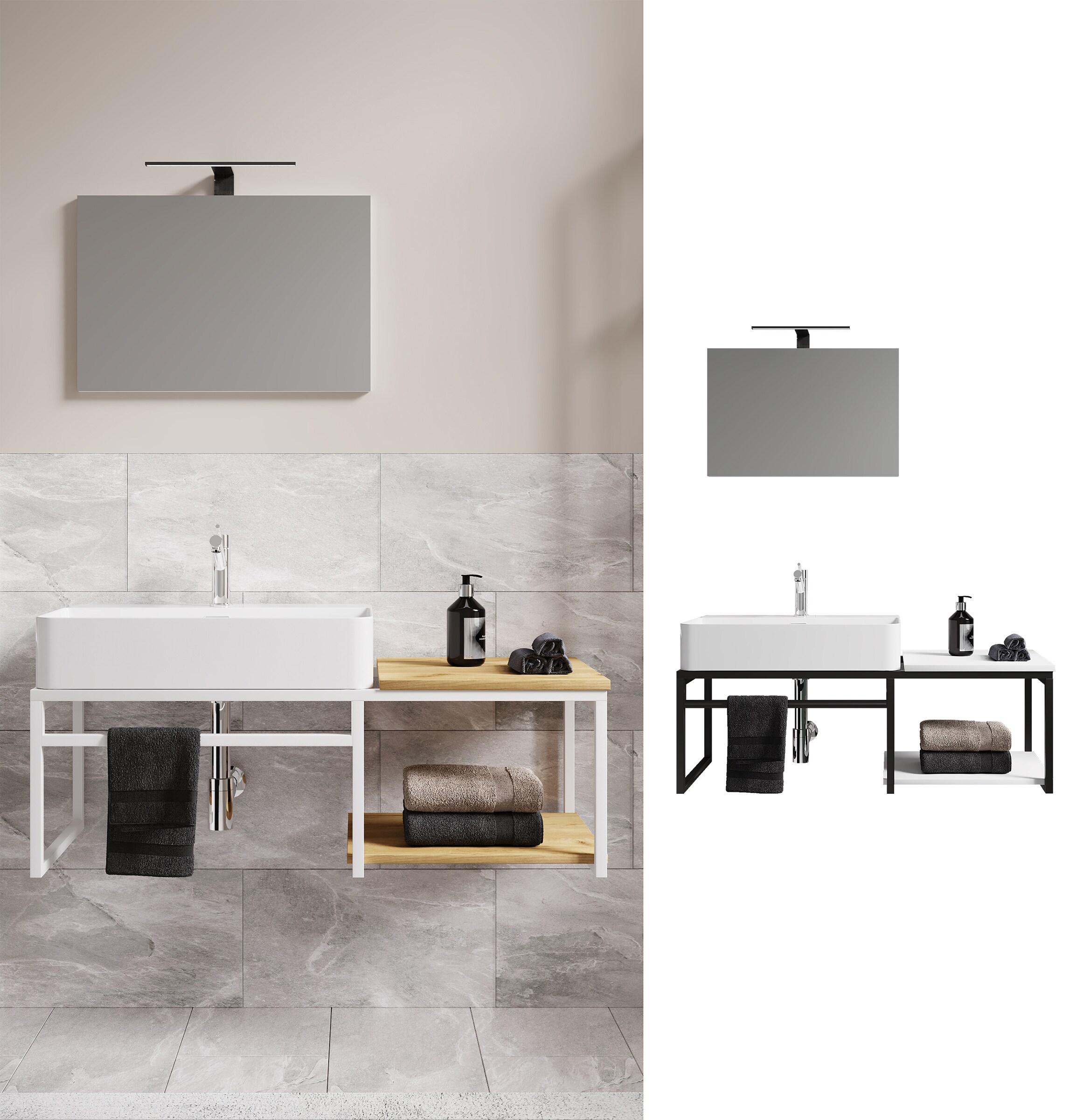 VCM 3-tlg. Waschplatz Waschtisch Badm&ouml;bel Set Waschbecken Holz Metall Industrial Style Bitila 100 V1 