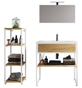 VCM 4-tlg. Waschplatz Waschtisch Badmöbel Set Waschbecken Holz Metall Industrial Style Bitila 80 V1 