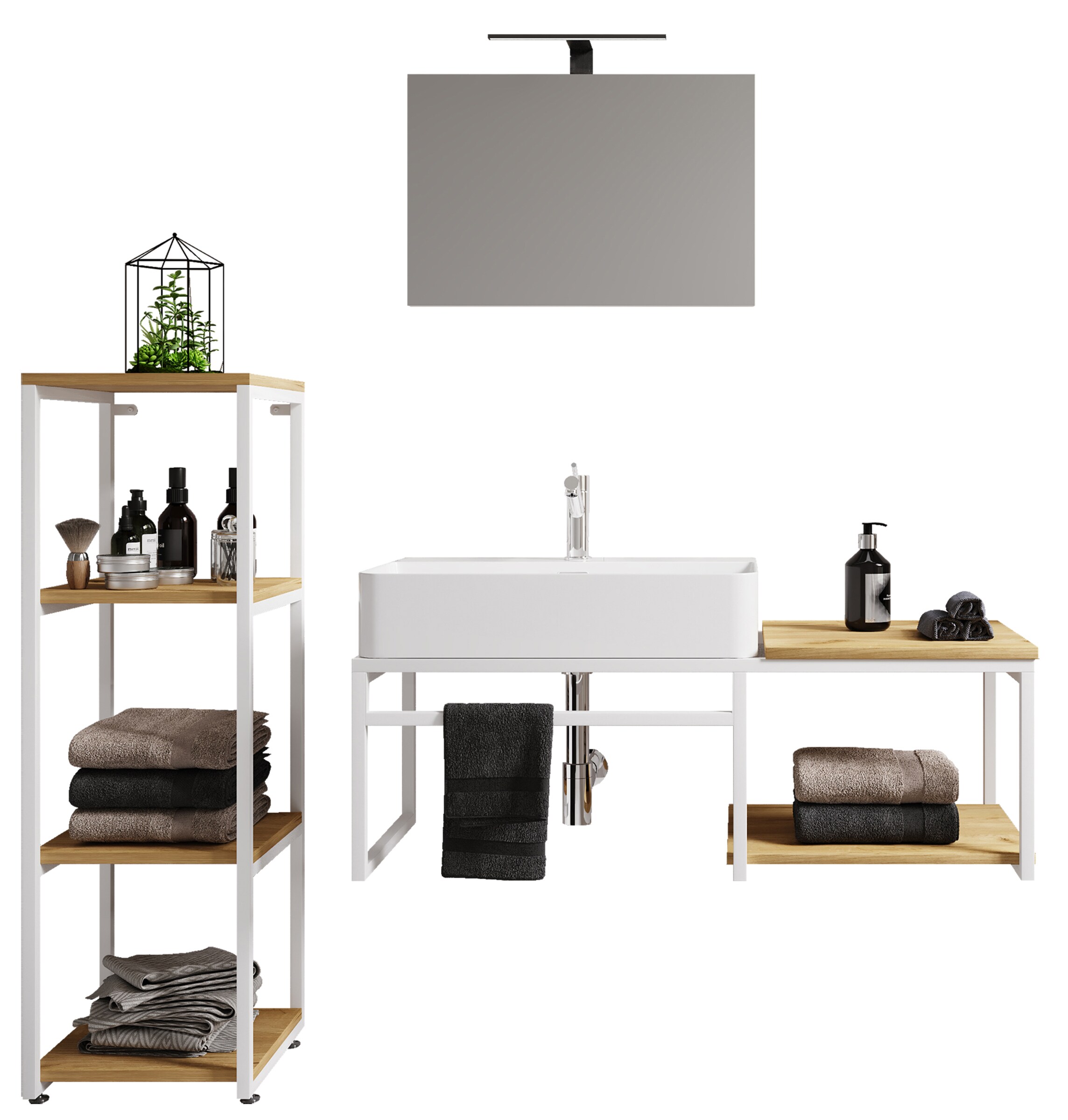 VCM 4-tlg. Waschplatz Waschtisch Badm&ouml;bel Set Waschbecken Holz Metall Industrial Style Bitila 100 V1 