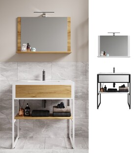 VCM 3-tlg. Waschplatz Waschtisch Badmöbel Set Waschbecken Holz Metall Industrial Style Bitila 80 V2 