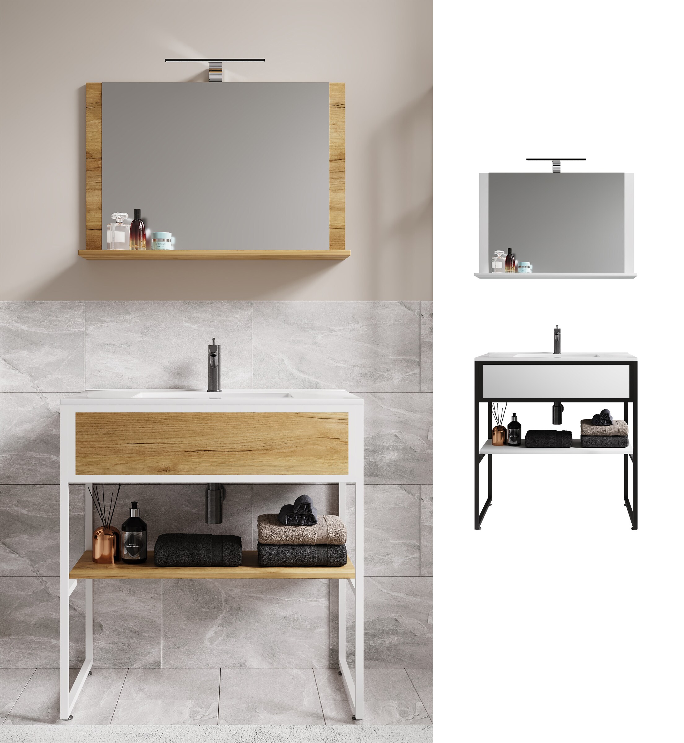 VCM 3-tlg. Waschplatz Waschtisch Badm&ouml;bel Set Waschbecken Holz Metall Industrial Style Bitila 80 V2 