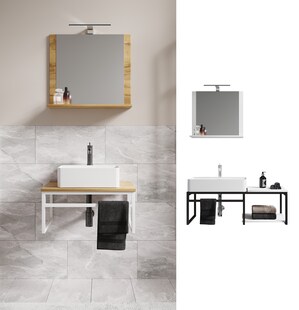 VCM 3-tlg. Waschplatz Waschtisch Badmöbel Set Waschbecken Holz Metall Industrial Style Bitila 100 V2 