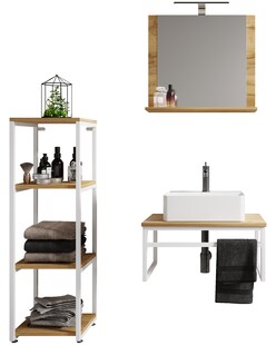 VCM 4-tlg. Waschplatz Waschtisch Badmöbel Set Waschbecken Holz Metall Industrial Style Bitila 60 V2 