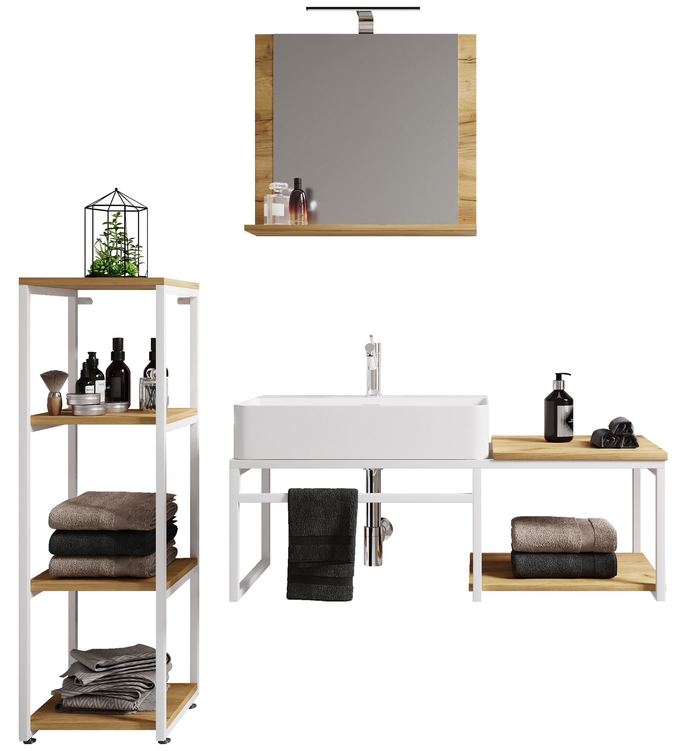 VCM 4-tlg. Waschplatz Waschtisch Badm&ouml;bel Set Waschbecken Holz Metall Industrial Style Bitila 100 V2 