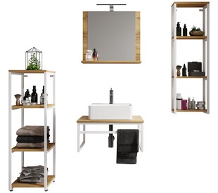 VCM 5-tlg. Waschplatz Waschtisch Badmöbel Set Waschbecken Holz Metall Industrial Style Bitila 60 V2 