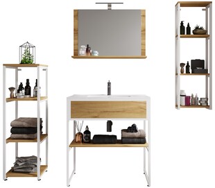 VCM 5-tlg. Waschplatz Waschtisch Badmöbel Set Waschbecken Holz Metall Industrial Style Bitila 80 V2 