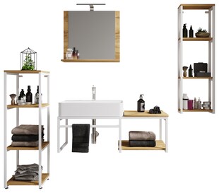 VCM 5-tlg. Waschplatz Waschtisch Badmöbel Set Waschbecken Holz Metall Industrial Style Bitila 100 V2 