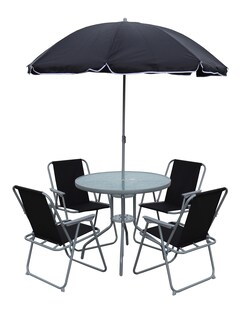 VCM 6-tlg Gartenmöbel Set | Sitzgruppe Essgruppe | 1xTisch, 4x Stühle, 1x Sonnenschirm | Tisch Maße ca. H. 74 x B. 75 x T. 75 cm | Garten Set - Maxola 