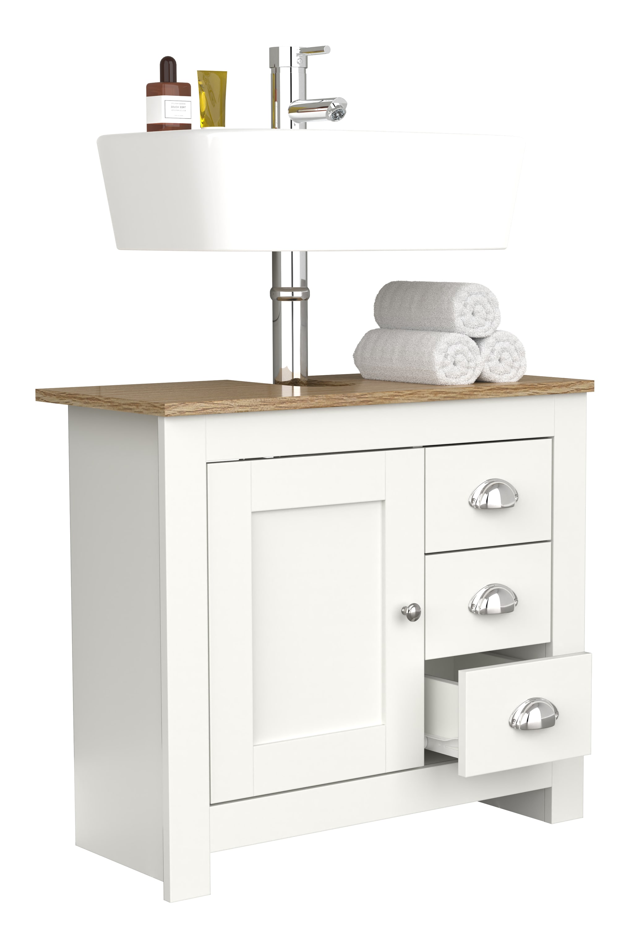 VCM Holz Waschbeckenunterschrank | Badschrank | Ma&szlig;e: H. 58 x B. 65 x T. 30 cm | 1 Dreht&uuml;r | 3 kleine Schubladen - Balusa L 