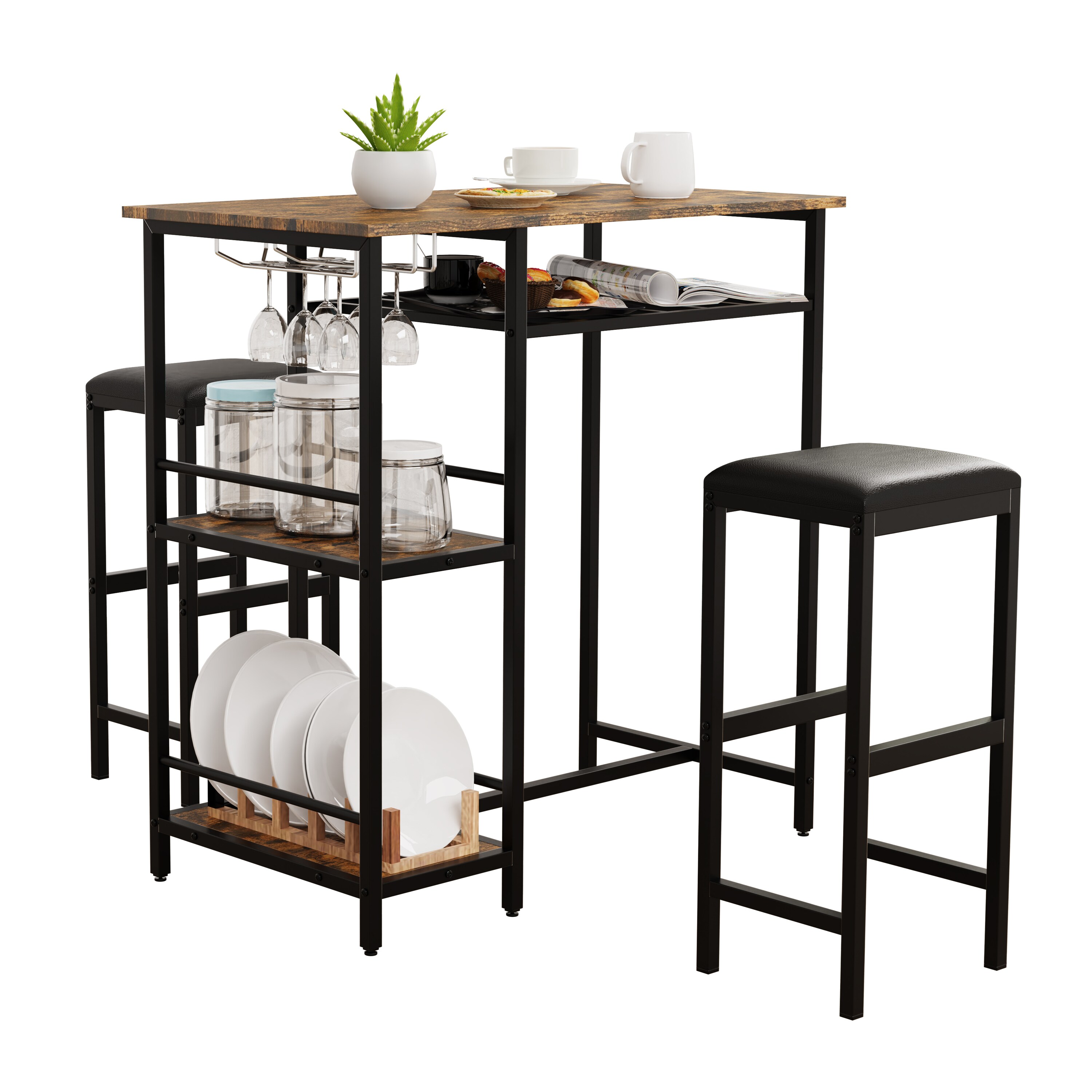 VCM 3 tlg. Set | Bartisch | Ma&szlig;e Tisch ca. H. 93 x B. 90 x T. 50 cm | Ma&szlig;e pro Barhocher ca. H. 65 x B. 30 x T. 25 cm | Bistrotisch Bockerhocker - Kolari 