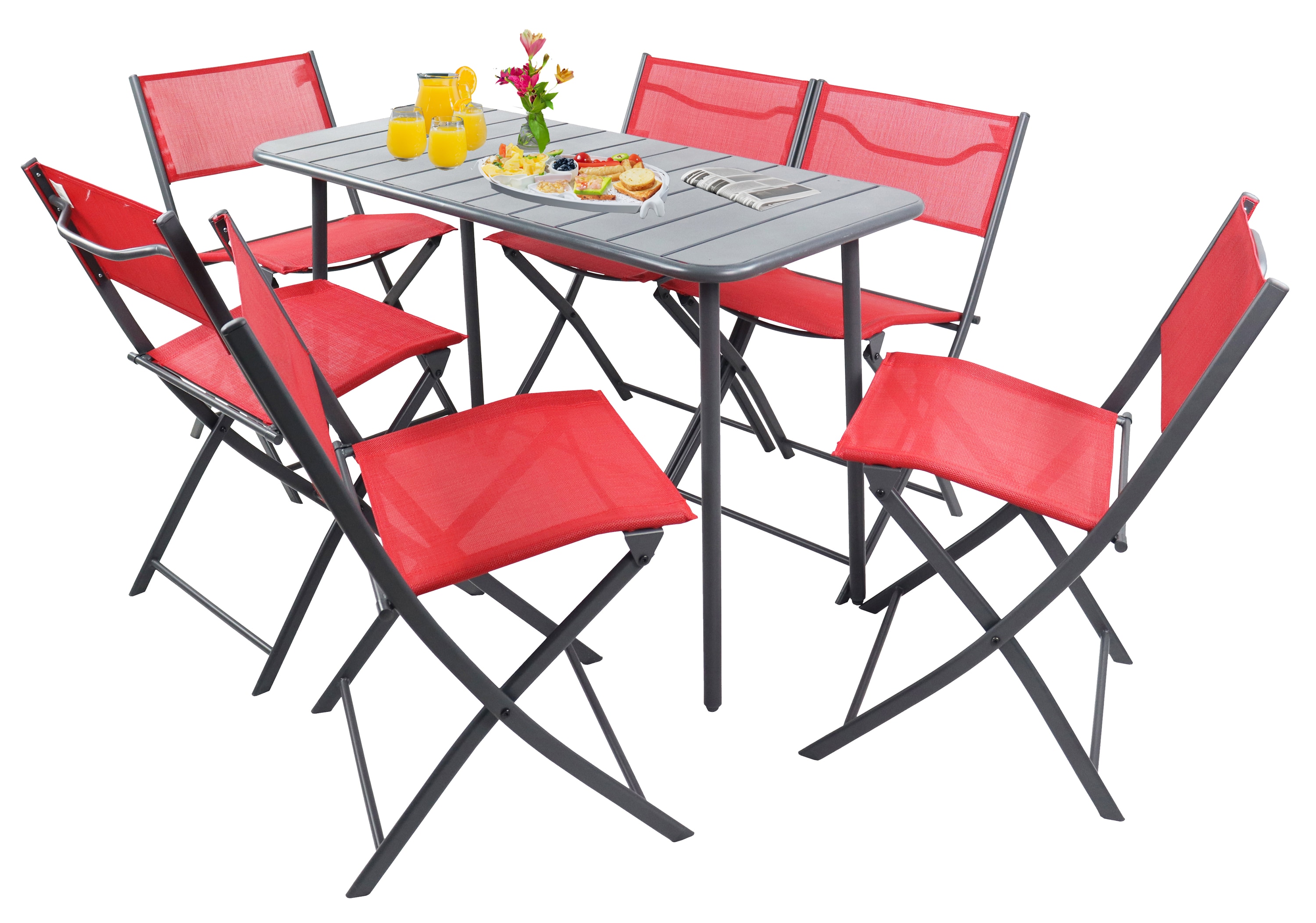 VCM 7-teilig Balkonm&ouml;bel Set, Gartentisch 110x55 cm mit 6 Klappst&uuml;hlen, Metall & Textilene, wetterbest&auml;ndig, platzsparend f&uuml;r Balkon & Terrasse, Sumila 
