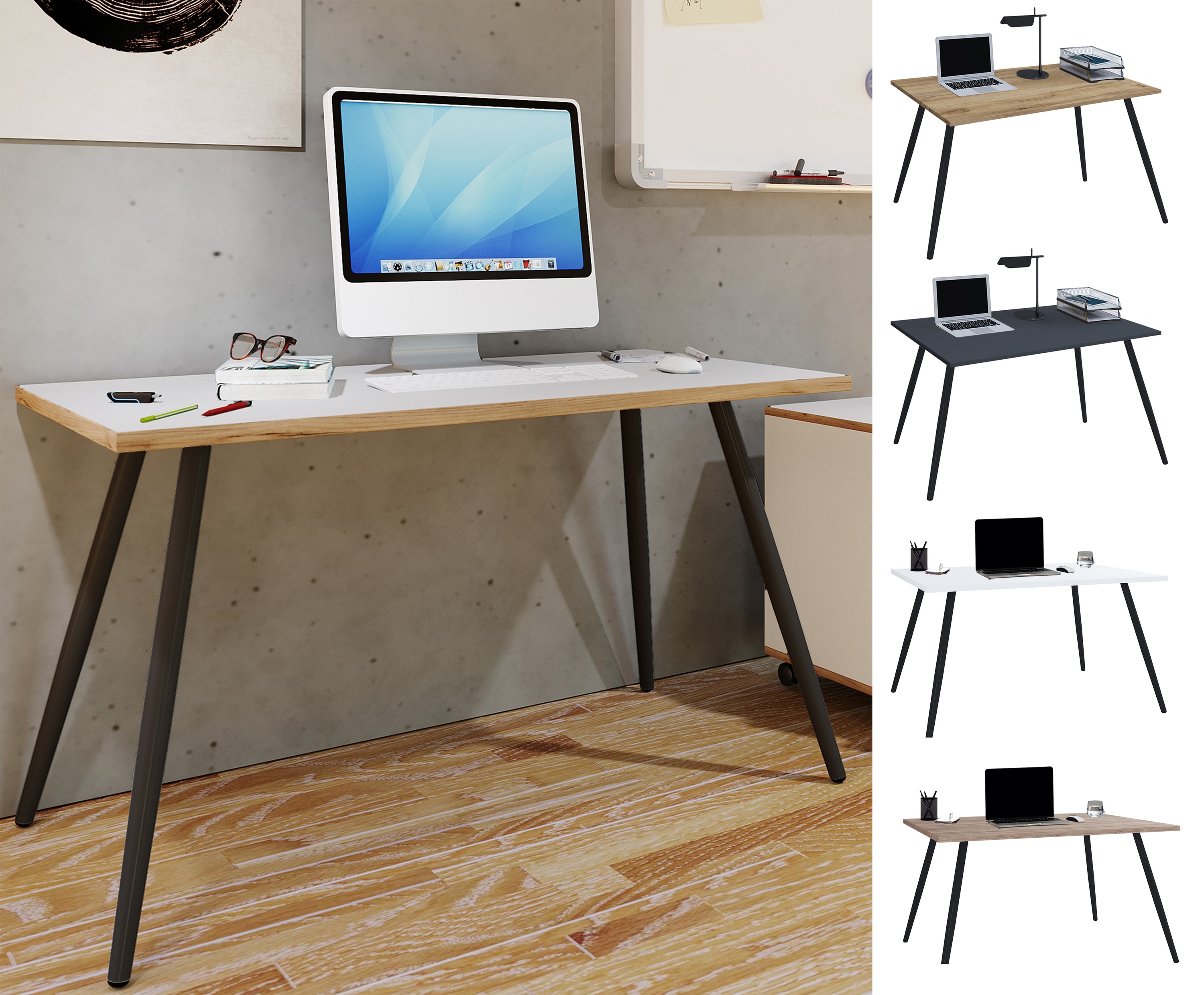 VCM Schreibtisch Computertisch B&uuml;rotisch Skandanivischer Retro Look Salia 138x80 cm 