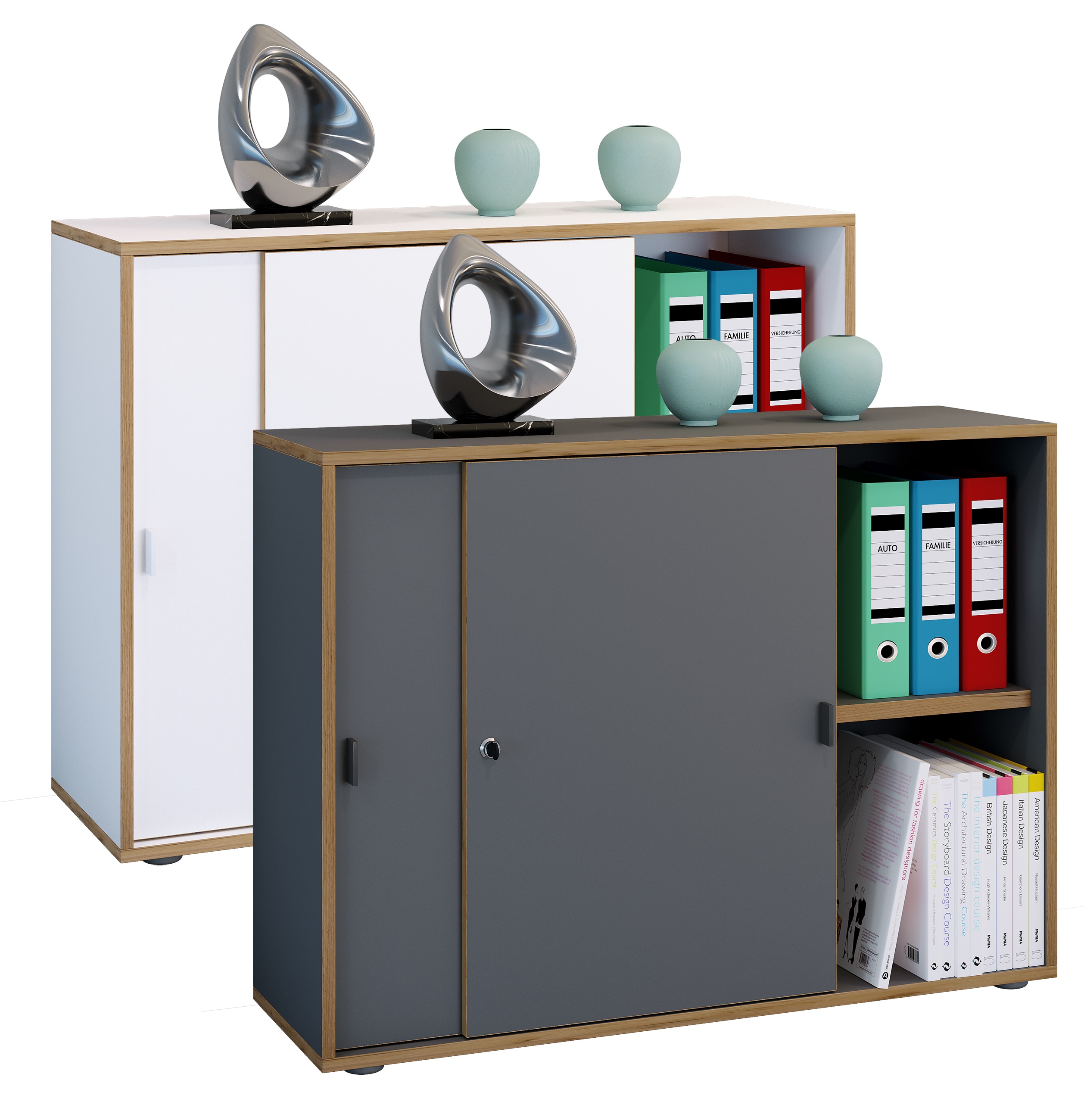 VCM B&uuml;roschrank mit 2 F&auml;chern | moderner Aktenschrank mit Schiebet&uuml;ren | Ma&szlig;e ca. H. 74 x B. 100 x T. 37 cm&ndash; Salia 2-Fach 