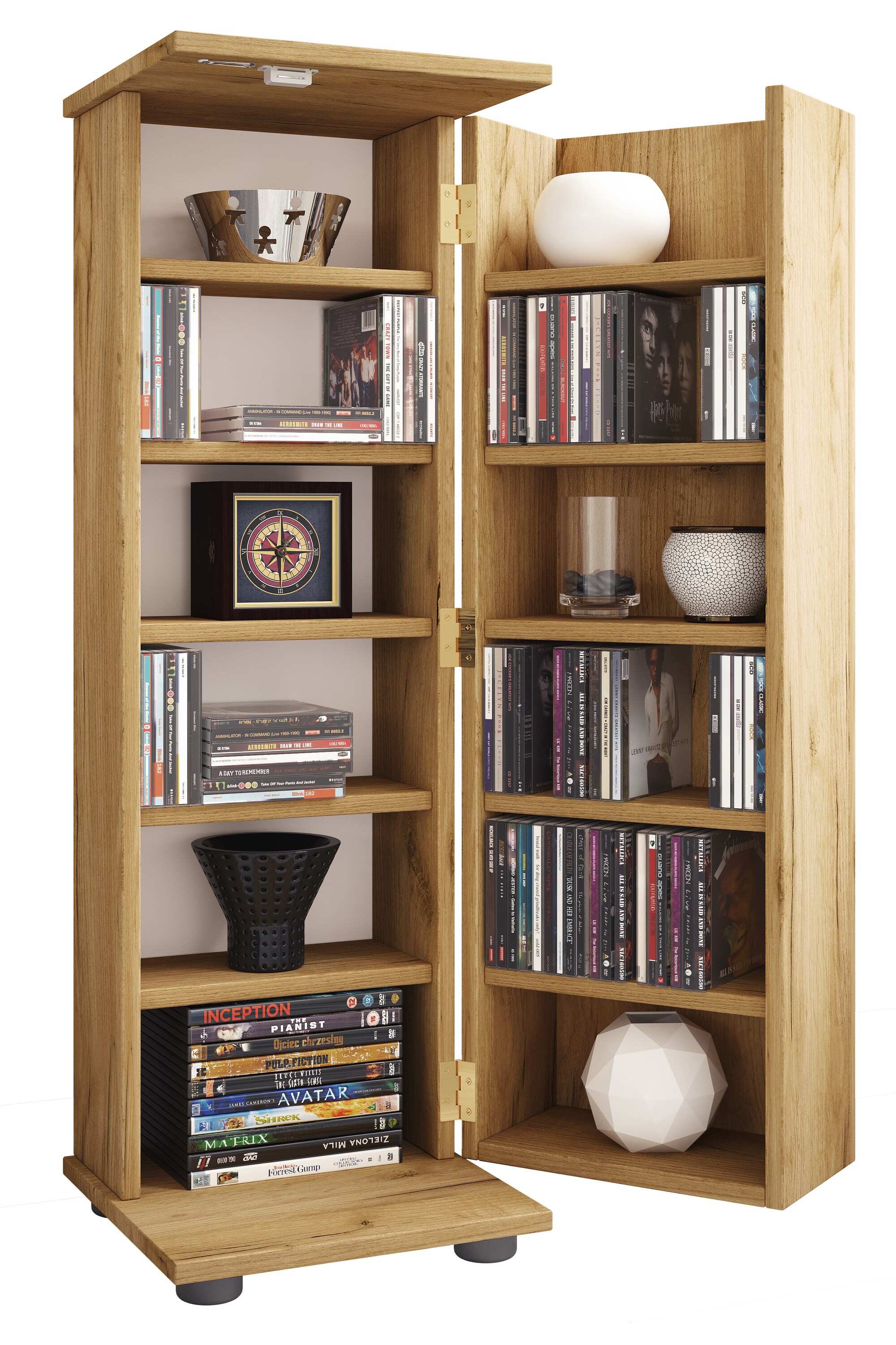 VCM Holz CD DVD Stand Regal | platzsparender CD Schrank mit abschlie&szlig;barer Holzt&uuml;r f&uuml;r 300 CDs oder 130 DVDs oder 72-Videos | Ma&szlig;e: H. 93 x B. 31 x T. 31 cm | 10 variable Einlegeb&ouml;den &ndash; Engalo L 