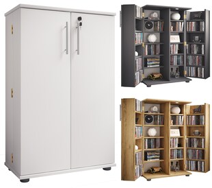 VCM Holz CD DVD Stand Regal/Schrank | platzsparender CD Schrank mit 2 abschließbaren Türen für 600 CDs oder 260 DVDs oder 144-Videos | Maße: H. 93 x B. 60 x T. 31 cm | 20 variable Einlegeböden – Engalo XL 