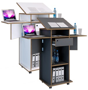 VCM Holz mobiles Rednerpult | Maße ca. H. 107 bis 128 cm x B. 60 bis 123 cm x T. 44 cm | rollbar mit Schublade | Stehpult | Stehtisch - Salia 