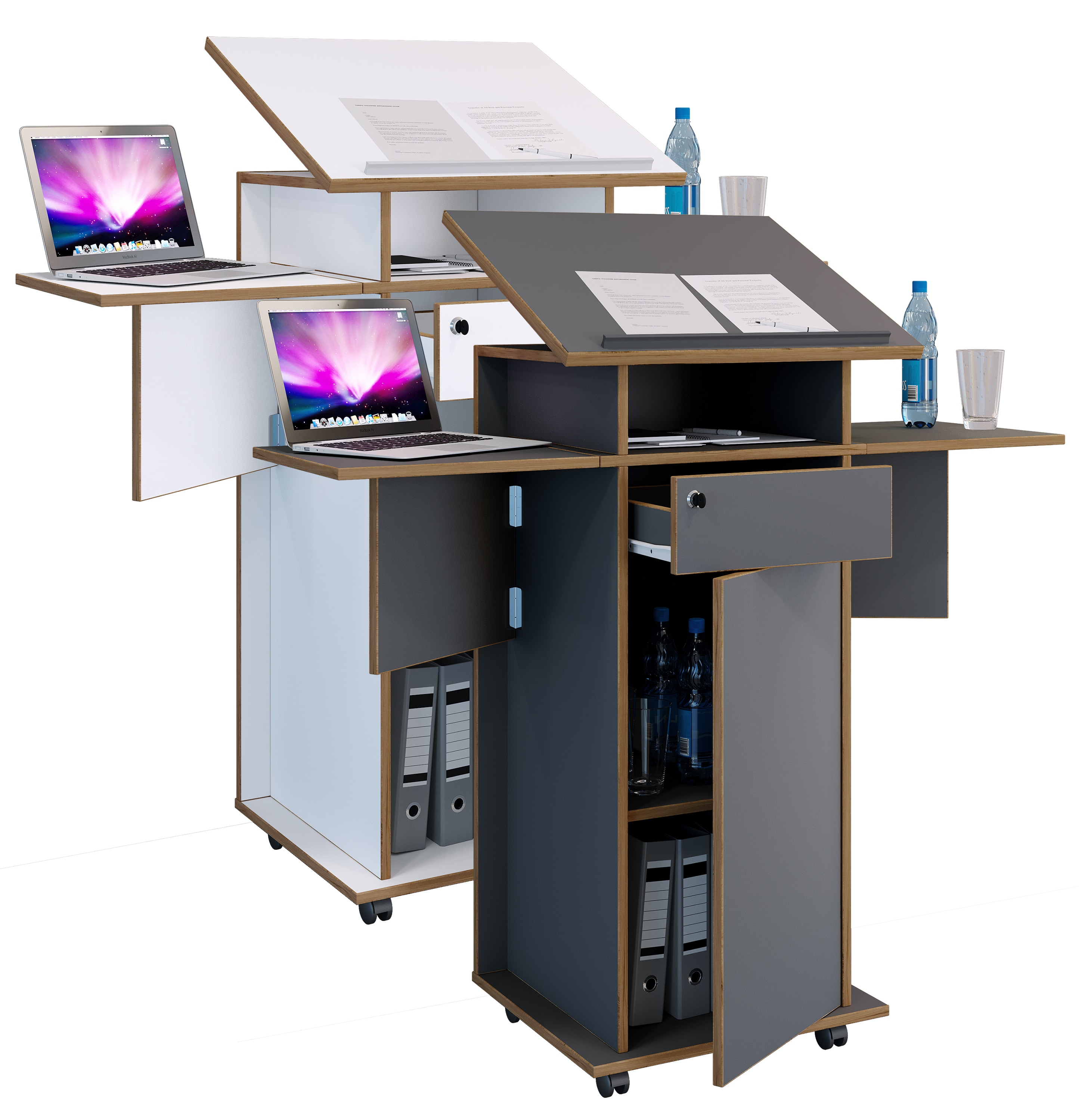 VCM Holz mobiles Rednerpult | Ma&szlig;e ca. H. 107 bis 128 cm x B. 60 bis 123 cm x T. 44 cm | rollbar mit Schublade | Stehpult | Stehtisch mit T&uuml;r - Salia 