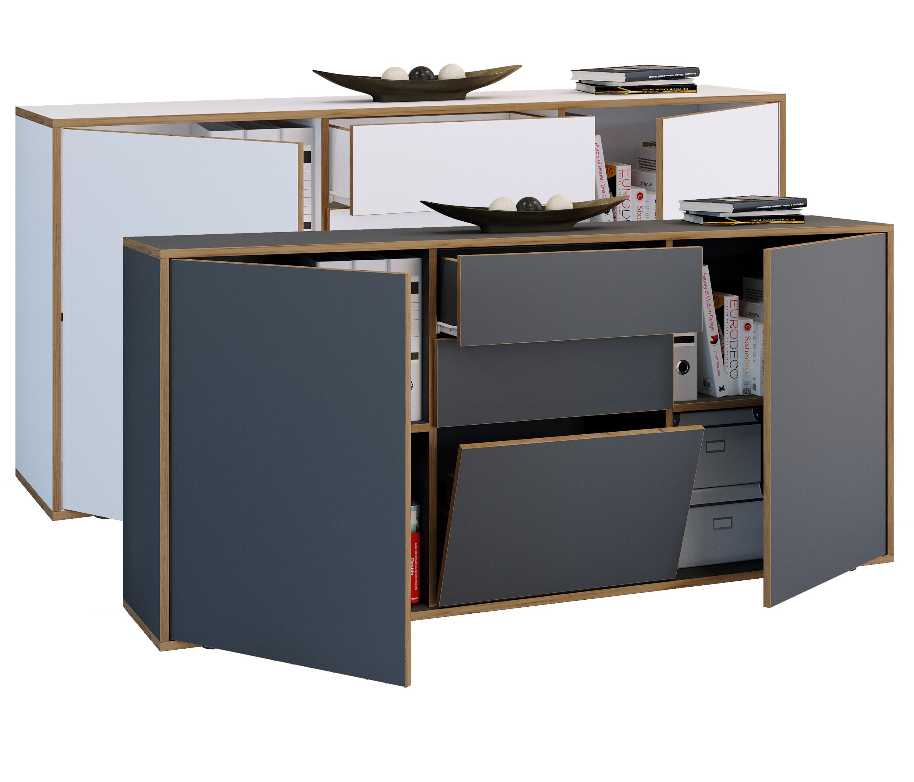 VCM Holz Kommode | Sideboard mit Dreht&uuml;ren, Schubladen  und einer Klappe | B&uuml;rom&ouml;bel | Ma&szlig;e ca. H. 74 x B. 160 x T. 33cm - Salia 