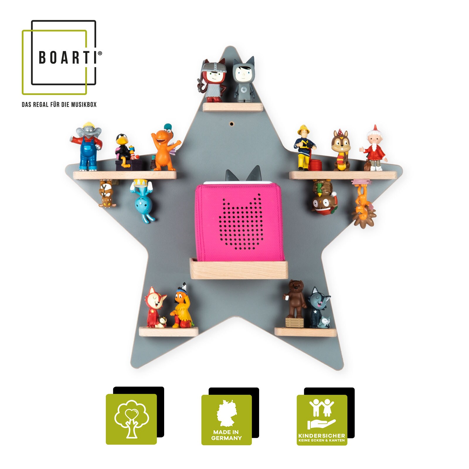 BOARTI Kinderregal Stern | h&auml;ngend f&uuml;r Toniebox und Tonie Figuren | platzsparendes Regal | H. 55 x B. 52 x T. 19 cm | Wandregal f&uuml;r Musikbox und Figuren Aufbewahrung Magneteins&auml;tzen | Aufbewahrungsregal Holz 