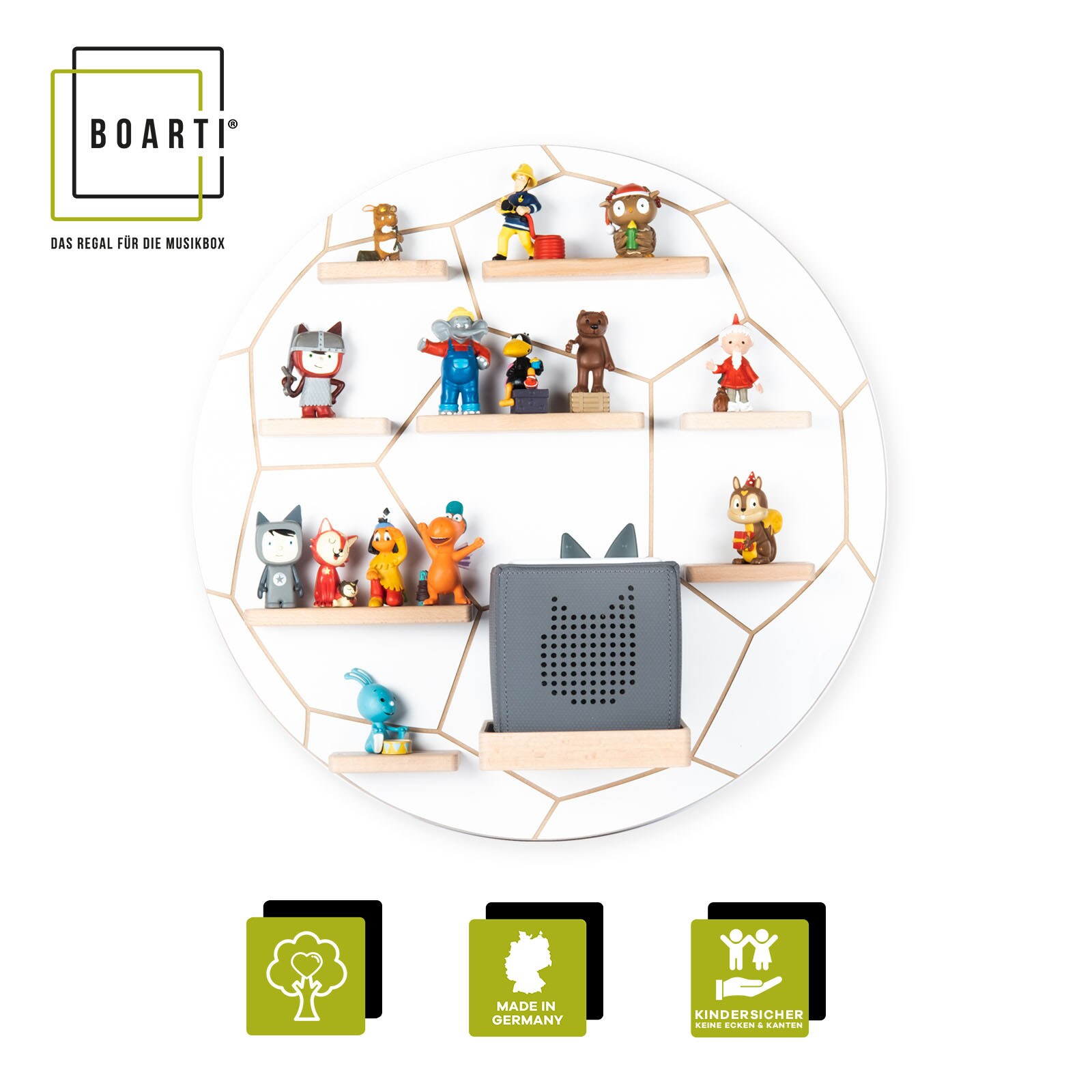 BOARTI Kinderregal Fu&szlig;ball | h&auml;ngend f&uuml;r Toniebox und Tonie Figuren | platzsparendes Regal | H. 50 x B. 50 x T. 19 cm | Wandregal Musikbox und Figuren Aufbewahrung Magneteins&auml;tzen | Aufbewahrungsregal Holz 