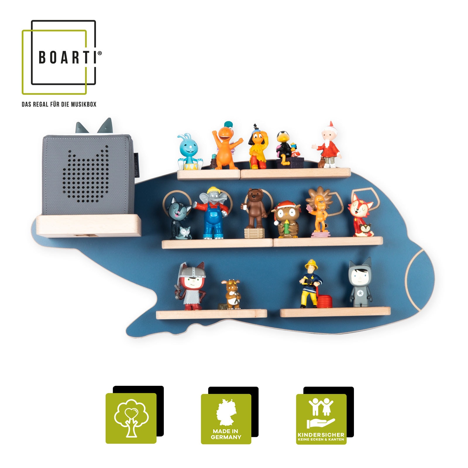 BOARTI Kinderregal Flugzeug| h&auml;ngend f&uuml;r Toniebox und Tonie Figuren | platzsparendes Regal | H. 30 x B. 60 x T. 19 cm | Wandregal Musikbox und Figuren Aufbewahrung Magneteins&auml;tzen | Aufbewahrungsregal Holz 