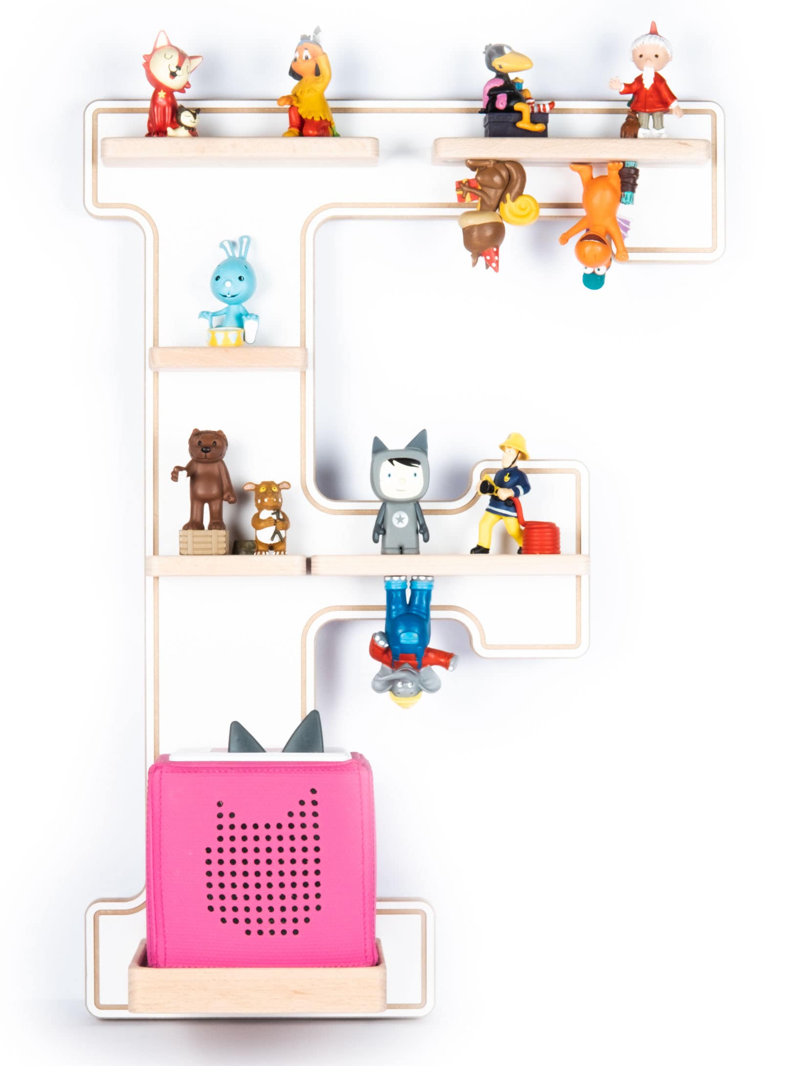 BOARTI Kinderregal Buchstabe F | h&auml;ngend f&uuml;r Toniebox und Tonie Figuren | platzsparendes Regal | H. 54 x B. 38 x T. 19 | Wandregal Musikbox Figuren Aufbewahrung mit Magneteins&auml;tzen | Aufbewahrungsregal Holz 