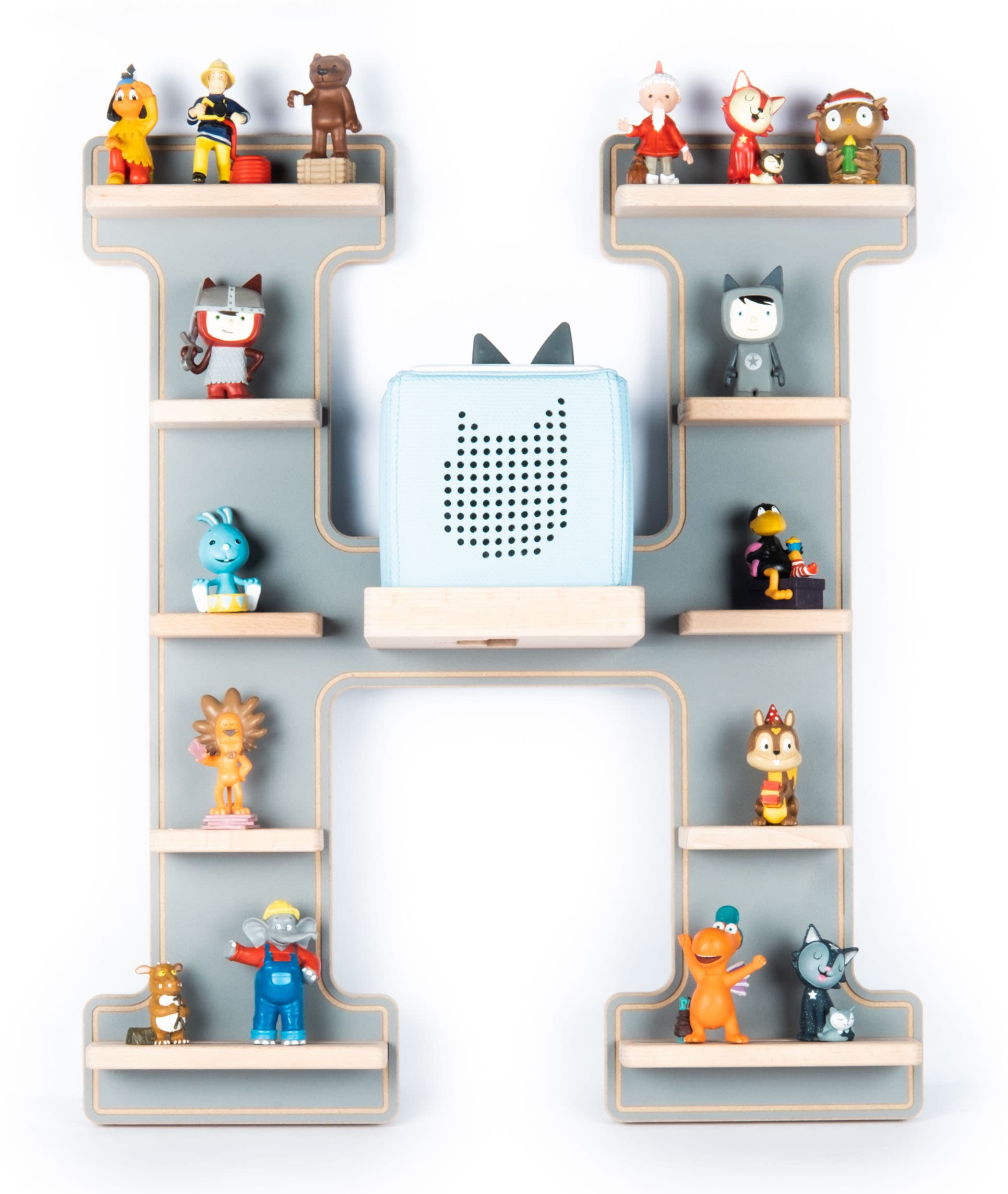 BOARTI Kinderregal Buchstabe H | h&auml;ngend f&uuml;r Toniebox und Tonie Figuren | platzsparendes Regal | H. 54 x B. 46 x T. 19 cm | Wandregal Musikbox Figuren Aufbewahrung Magneteins&auml;tzen | Aufbewahrungsregal Holz 