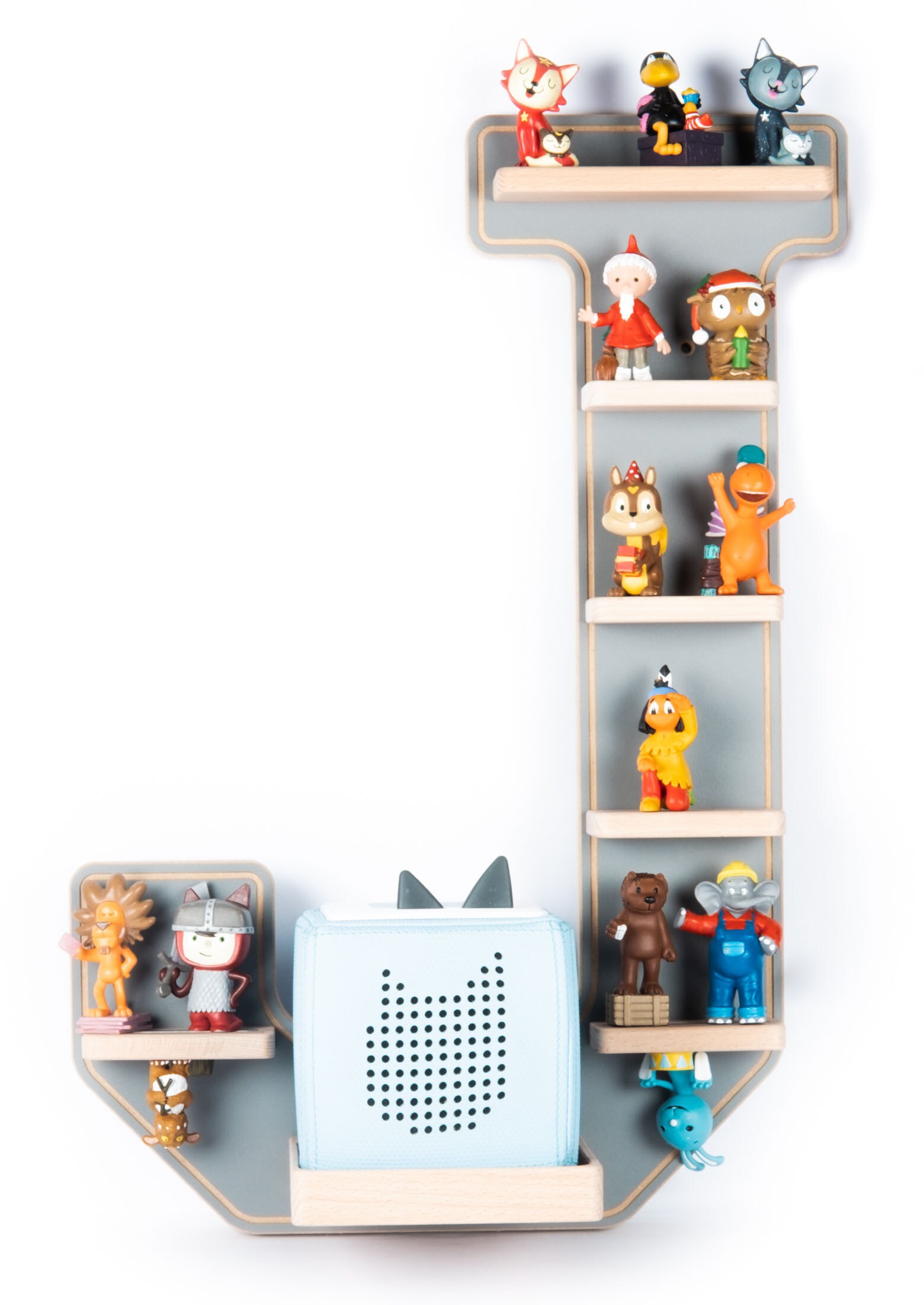 BOARTI Kinderregal Buchstabe J | h&auml;ngend f&uuml;r Toniebox und Tonie Figuren | platzsparendes Regal | H. 54 x B. 37 x T. 19 | Wandregal Musikbox und Figuren Aufbewahrung Magneteins&auml;tzen | Aufbewahrungsregal Holz 