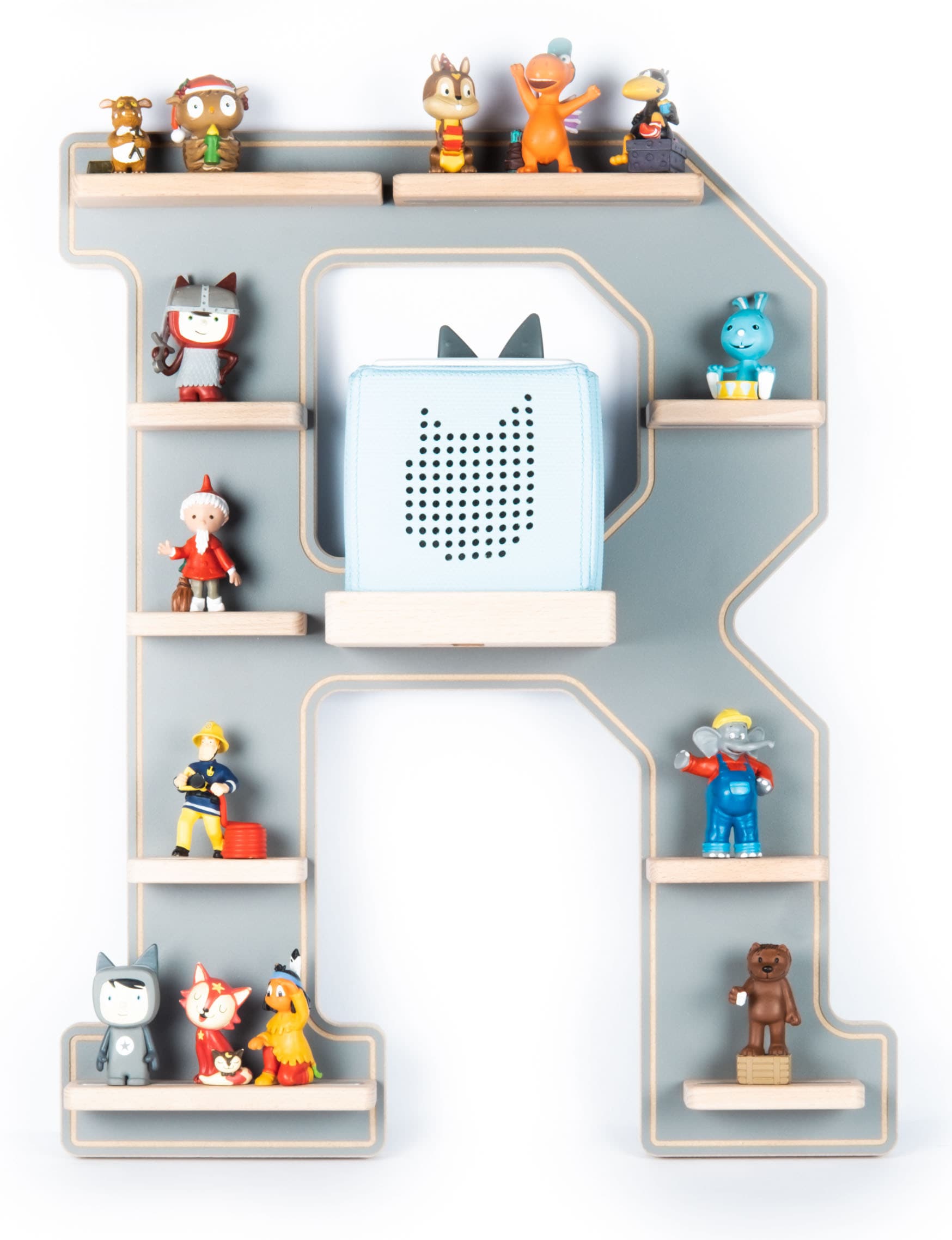 BOARTI Kinderregal Buchstabe R | h&auml;ngend f&uuml;r Toniebox und Tonie Figuren | platzsparendes Regal | H. 54 x B. 44 x T. 19 | Wandregal Musikbox und Figuren Aufbewahrung Magneteins&auml;tzen | Aufbewahrungsregal Holz 