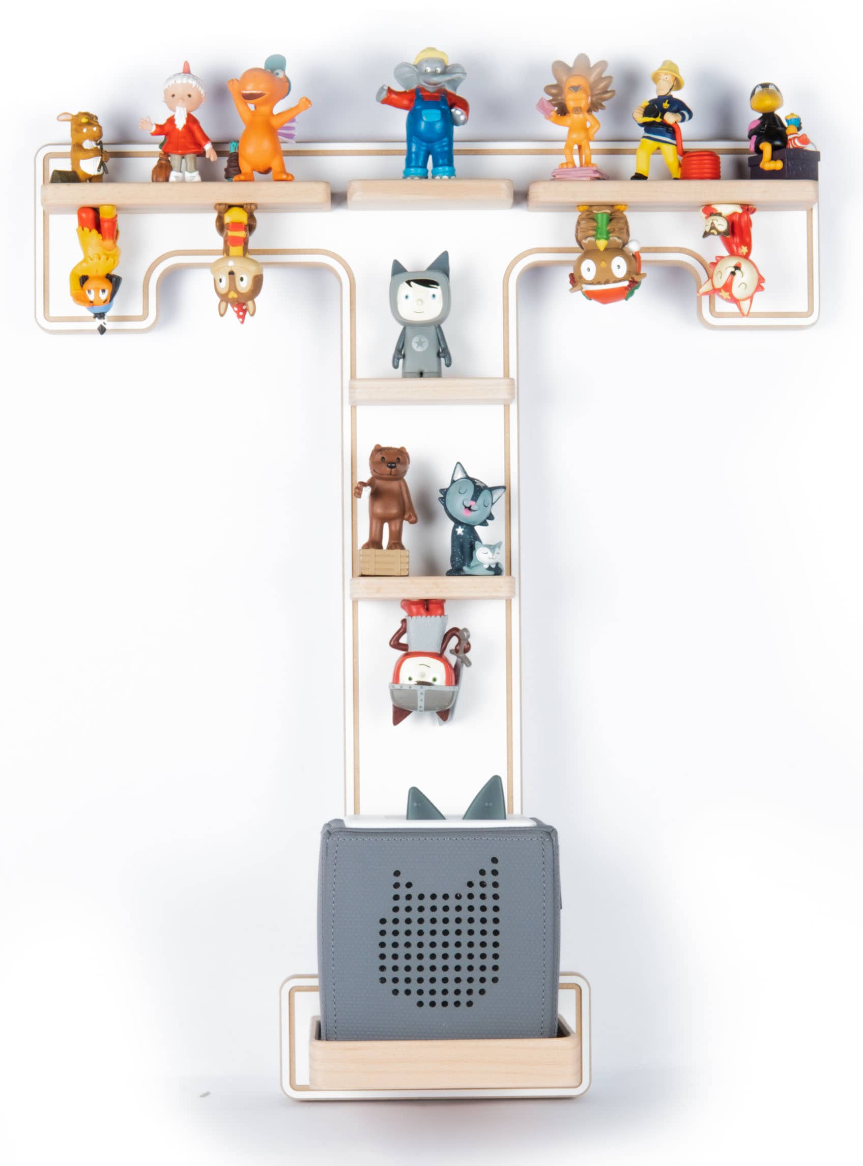 BOARTI Kinderregal Buchstabe T | h&auml;ngend f&uuml;r Toniebox und Tonie Figuren | platzsparendes Regal | H. 54 x B. 45 x T. 19 | Wandregal Musikbox und Figuren Aufbewahrung Magneteins&auml;tzen | Aufbewahrungsregal Holz 
