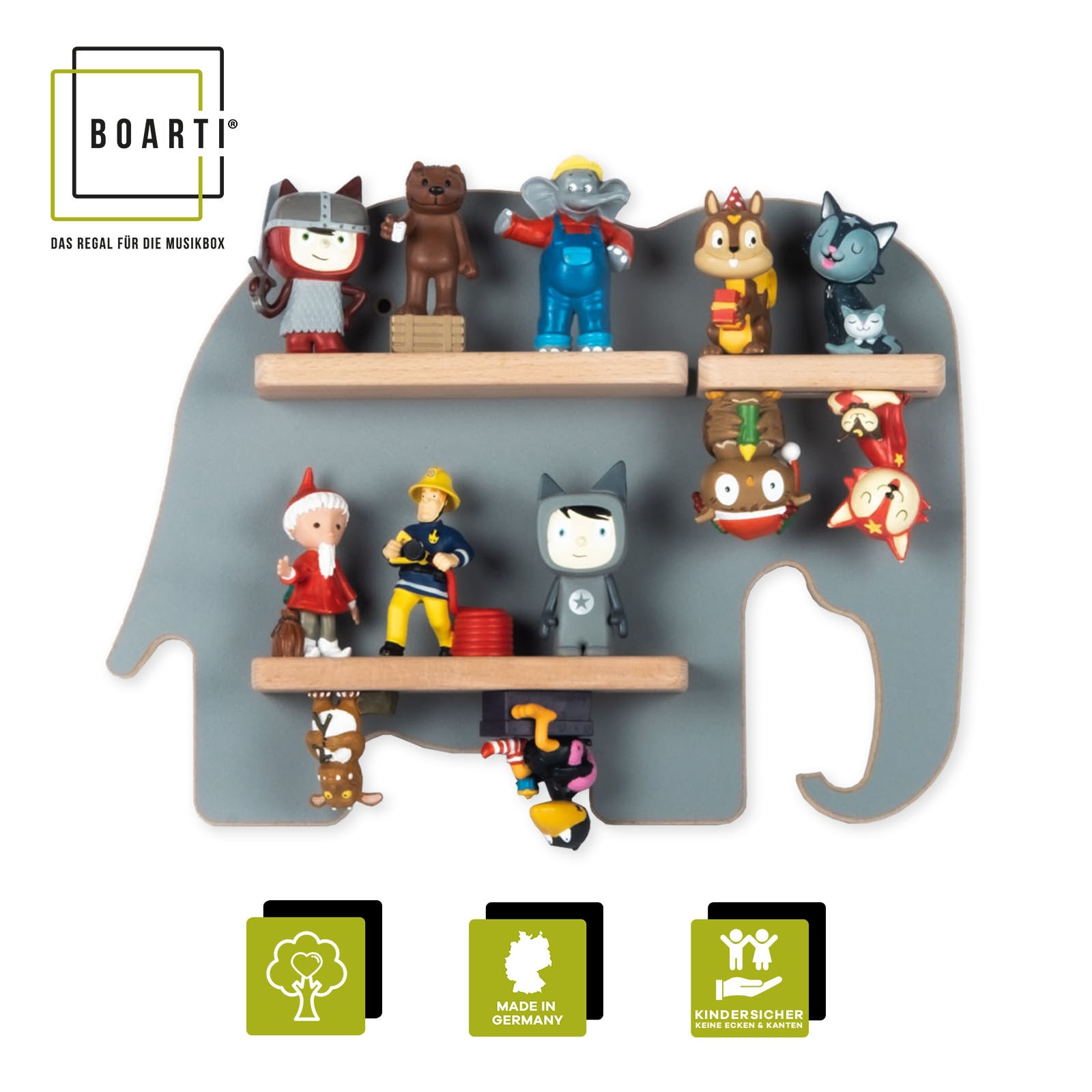 BOARTI Kinderregal Tier Elefant | h&auml;ngend f&uuml;r Tonie Figuren | platzsparendes Regal | Ma&szlig;e: H. 24 x B. 33 x T. 5 cm | Wandregal f&uuml;r Figuren Aufbewahrung mit Magneteins&auml;tzen | Aufbewahrungsregal Holz 