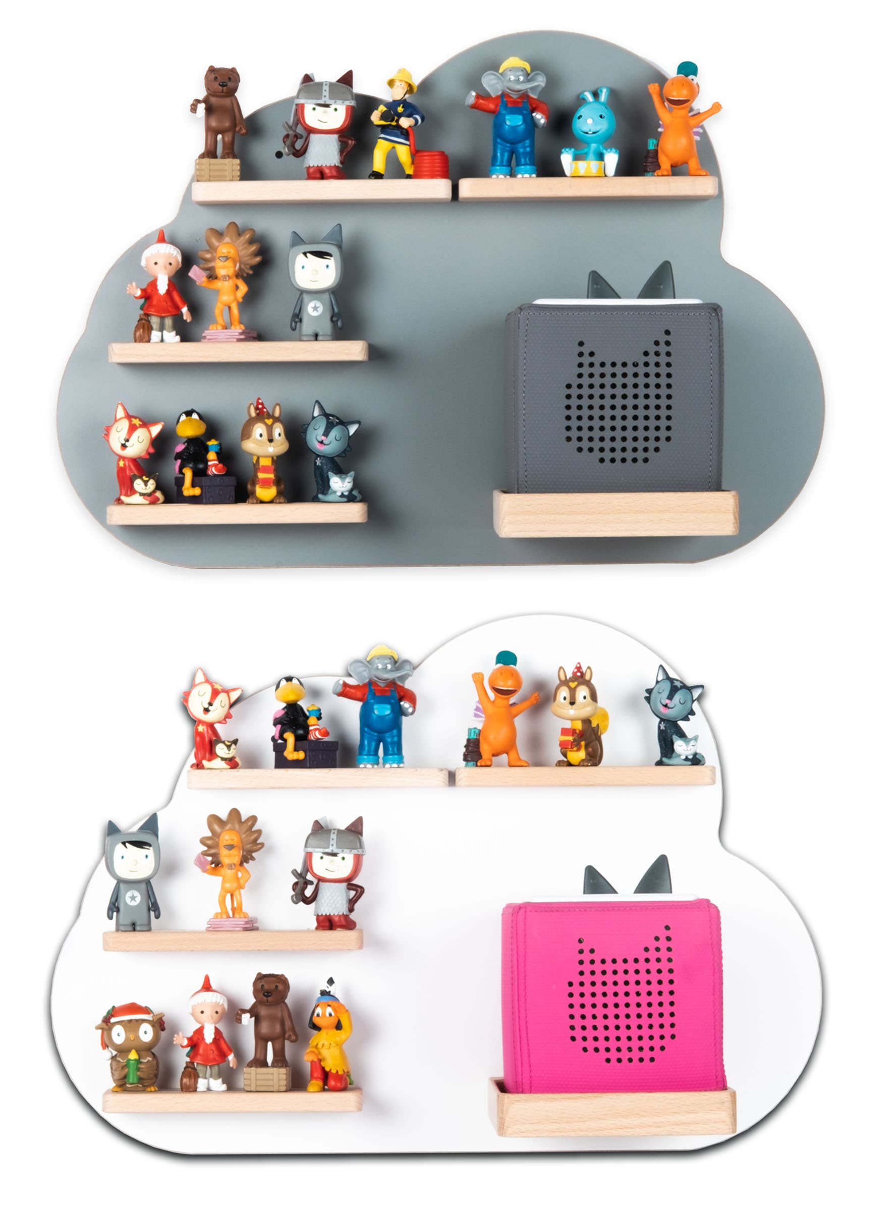 BOARTI Kinderregal Wolke | h&auml;ngend f&uuml;r Toniebox und Tonie Figuren | platzsparendes Regal | H. 34 x B. 48 x T. 19 | Wandregal Musikbox Figuren Aufbewahrung mit Magneteins&auml;tzen | Aufbewahrungsregal Holz Wolken 