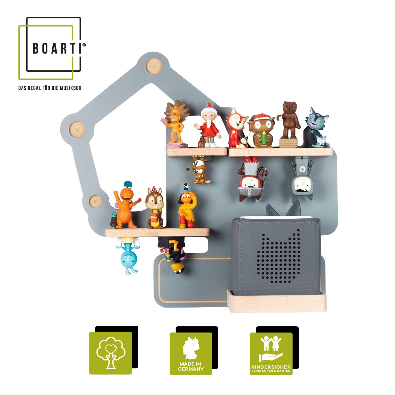 BOARTI Kinderregal Bagger | h&auml;ngend f&uuml;r Toniebox und Tonie Figuren | platzsparendes Regal | H. 39 x B. 44 x T. 19 | Wandregal Musikbox Figuren Aufbewahrung Magneteins&auml;tzen | Aufbewahrungsregal Baustelle Holz 