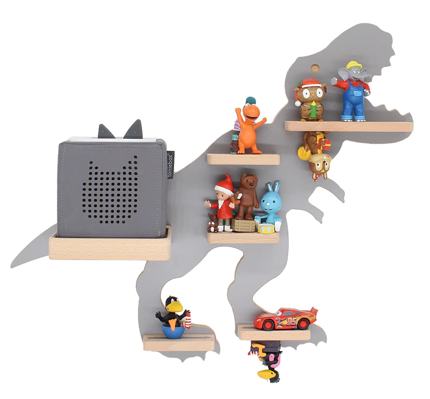 BOARTI Kinderregal Tier Dinosaurier | h&auml;ngend f&uuml;r Toniebox und Tonie Figuren | Regal | H. 44 x B. 52 x T. 19 | Wandregal Musikbox und Figuren Aufbewahrung mit Magneteins&auml;tzen | Aufbewahrungsregal Holz Dino 