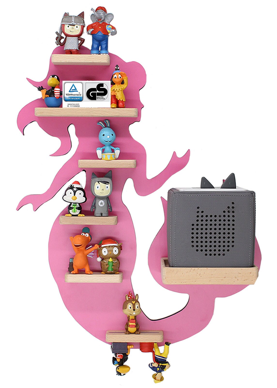 BOARTI Kinderregal Meerjungfrau | h&auml;ngend f&uuml;r Toniebox und Tonie Figuren | platzsparendes Regal | H. 50 x B. 39 x T. 19 | Wandregal Musikbox und Figuren Aufbewahrung Magneteins&auml;tzen | Aufbewahrungsregal Holz 