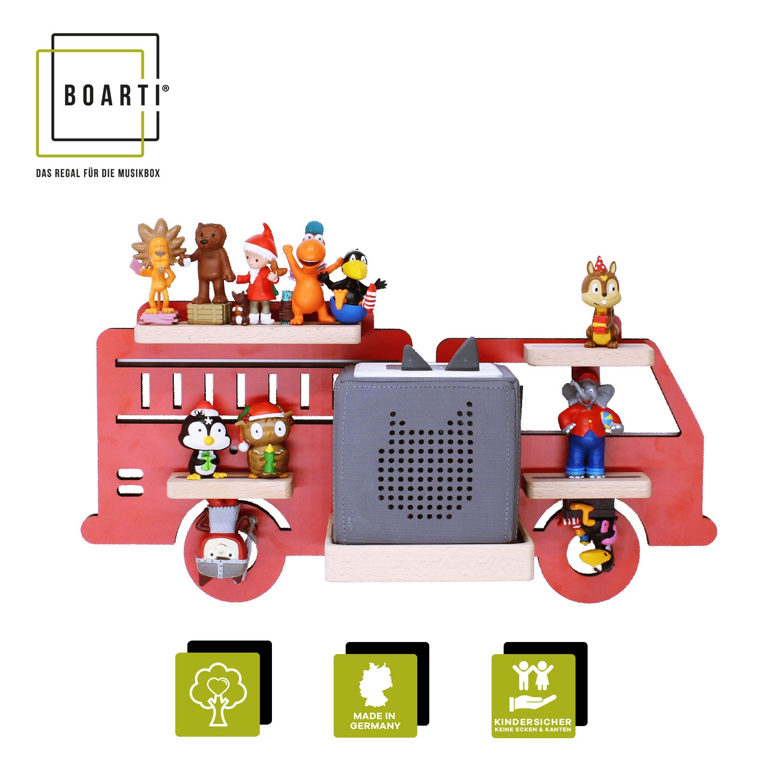 BOARTI Kinderregal Auto Feuerwehr | h&auml;ngend f&uuml;r Toniebox und Tonie Figuren | platzsparendes Regal | H. 22 x B. 47 x T. 19 | Wandregal Musikbox Figuren Aufbewahrung Magneteins&auml;tzen | Aufbewahrungsregal Holz 