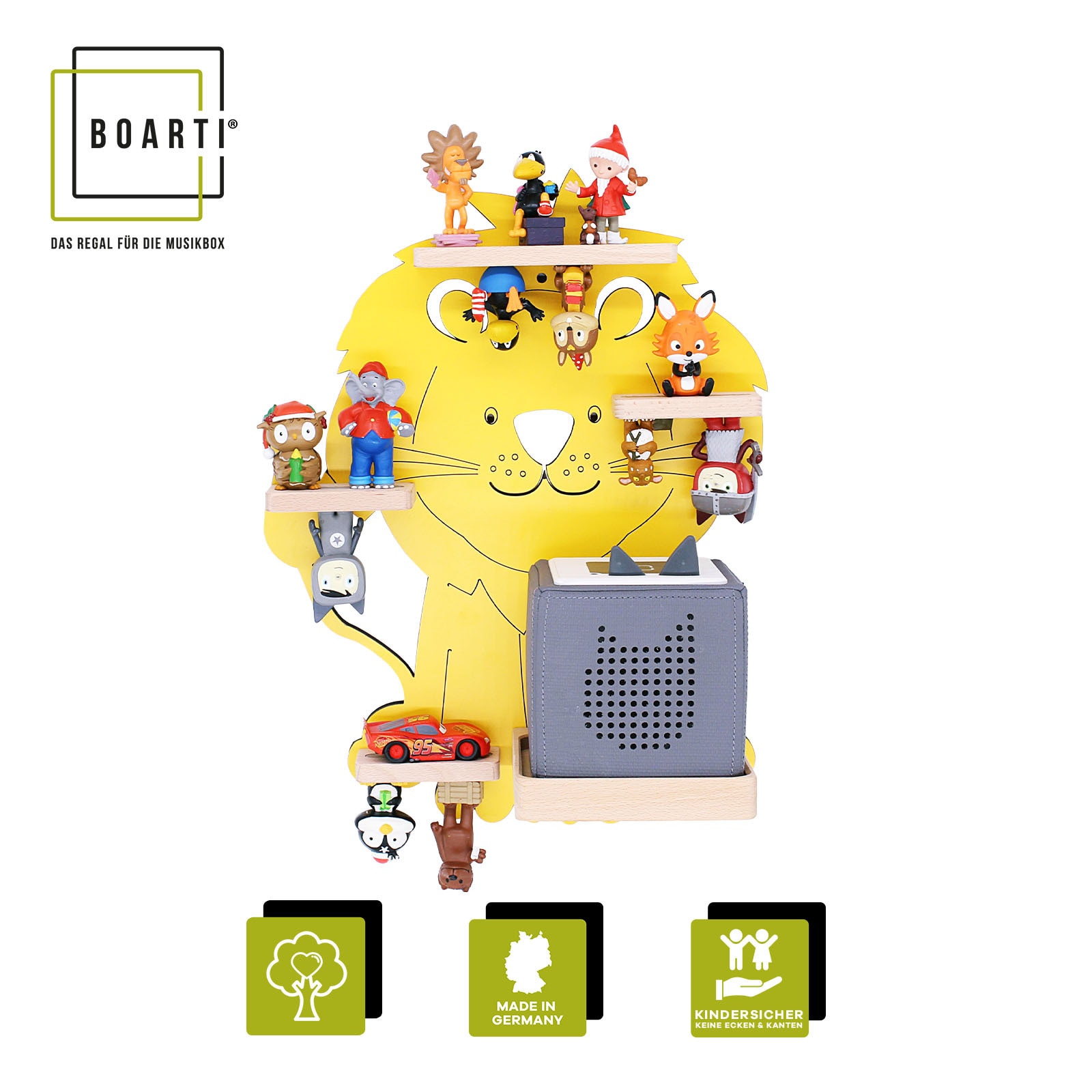 BOARTI Kinderregal Tier L&ouml;we | h&auml;ngend f&uuml;r Toniebox und Tonie Figuren | platzsparendes Regal | H. 42 x B. 32 x T. 19 | Wandregal Musikbox Figuren Aufbewahrung Magneteins&auml;tzen | Aufbewahrungsregal Holz Wolken 